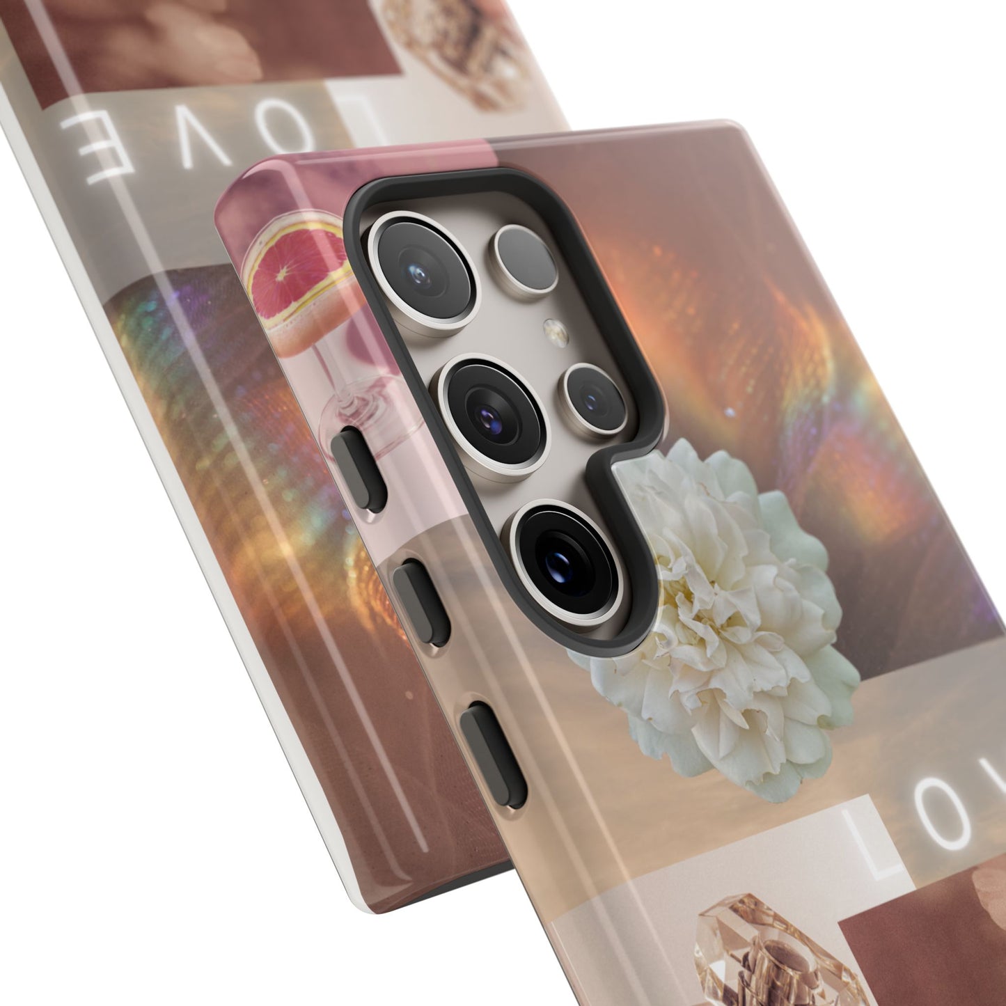 Romantic Collage Phone Case — 'LOVE' Floral, Coffee & Perfume Aesthetic