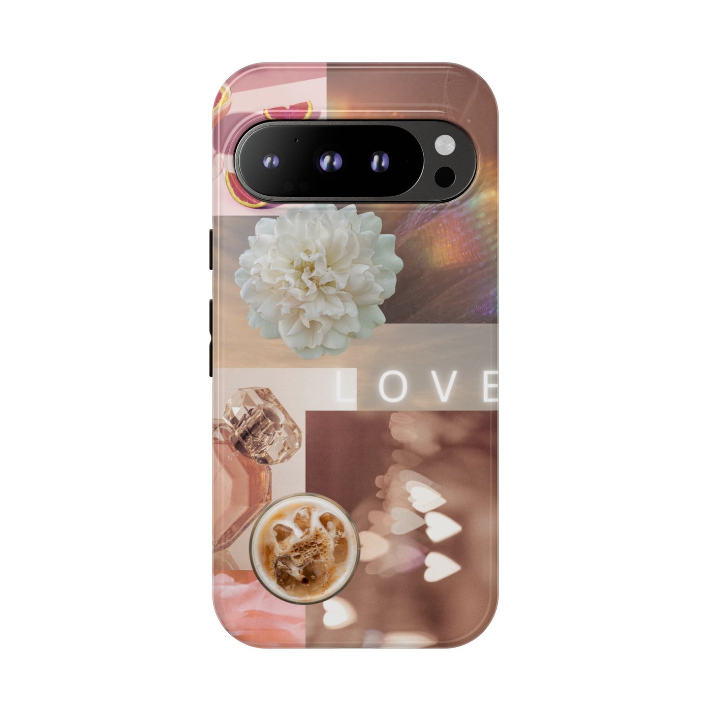 Romantic Collage Phone Case — 'LOVE' Floral, Coffee & Perfume Aesthetic
