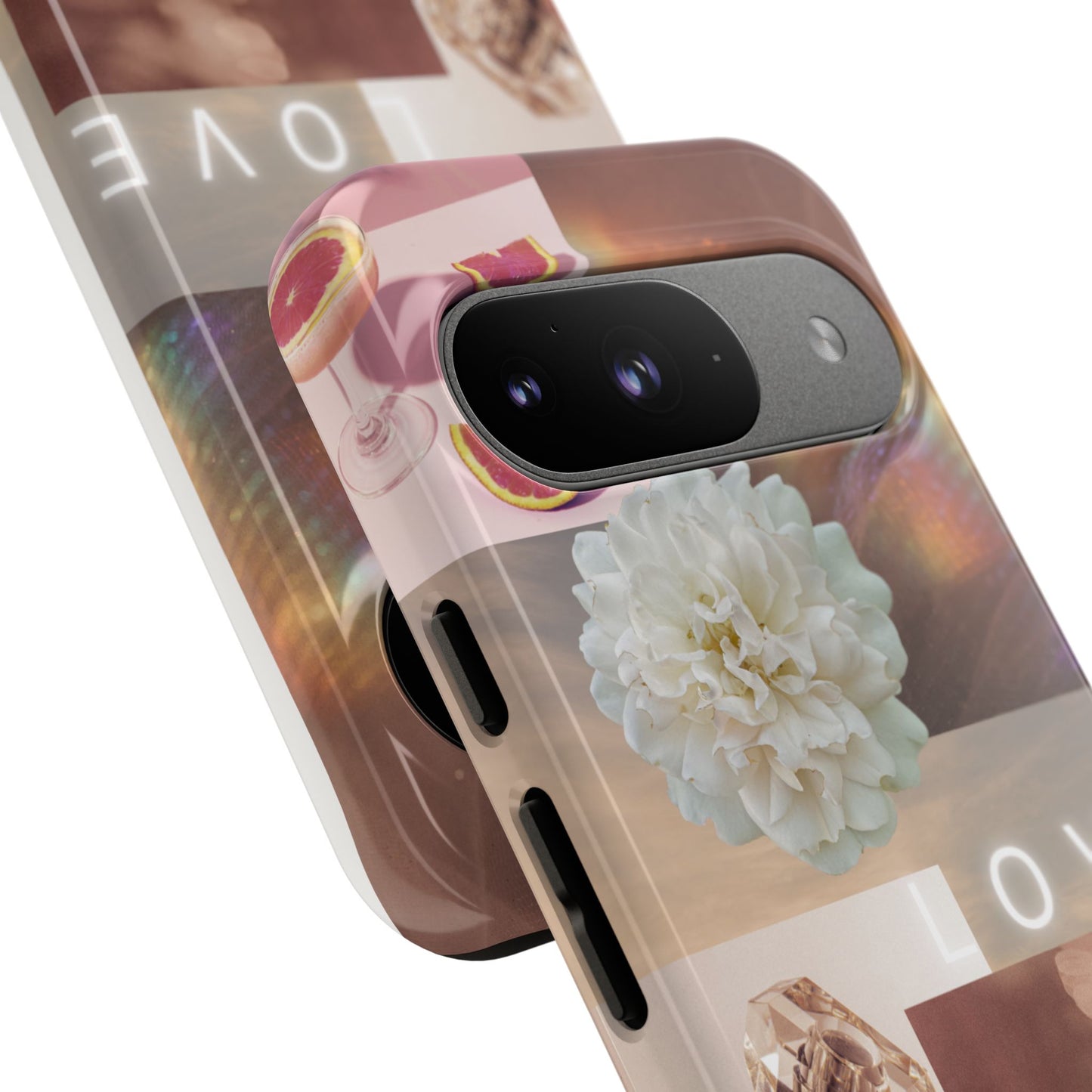 Romantic Collage Phone Case — 'LOVE' Floral, Coffee & Perfume Aesthetic