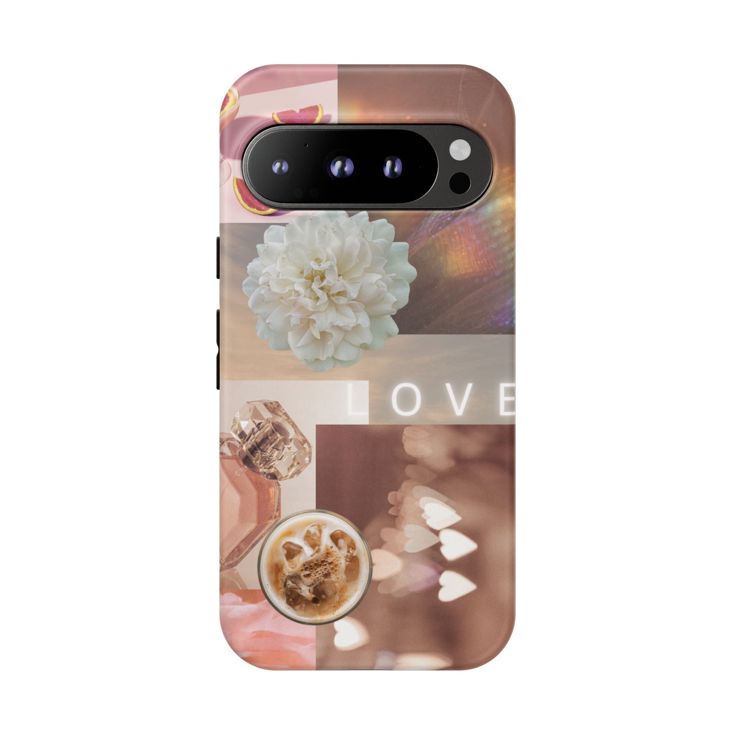 Romantic Collage Phone Case — 'LOVE' Floral, Coffee & Perfume Aesthetic
