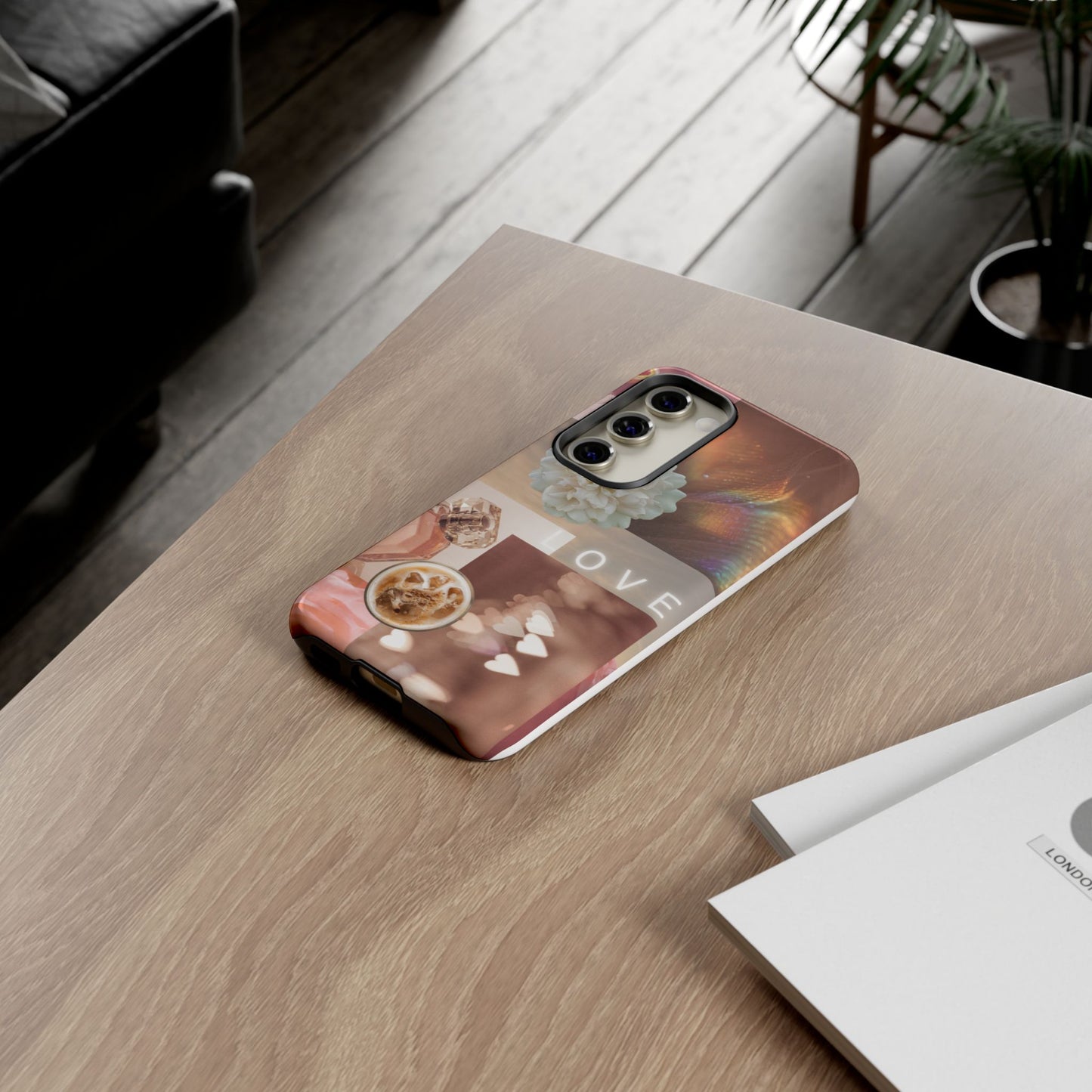 Romantic Collage Phone Case — 'LOVE' Floral, Coffee & Perfume Aesthetic