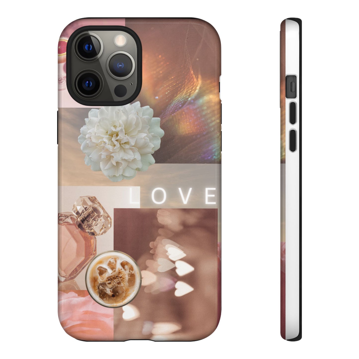 Romantic Collage Phone Case — 'LOVE' Floral, Coffee & Perfume Aesthetic