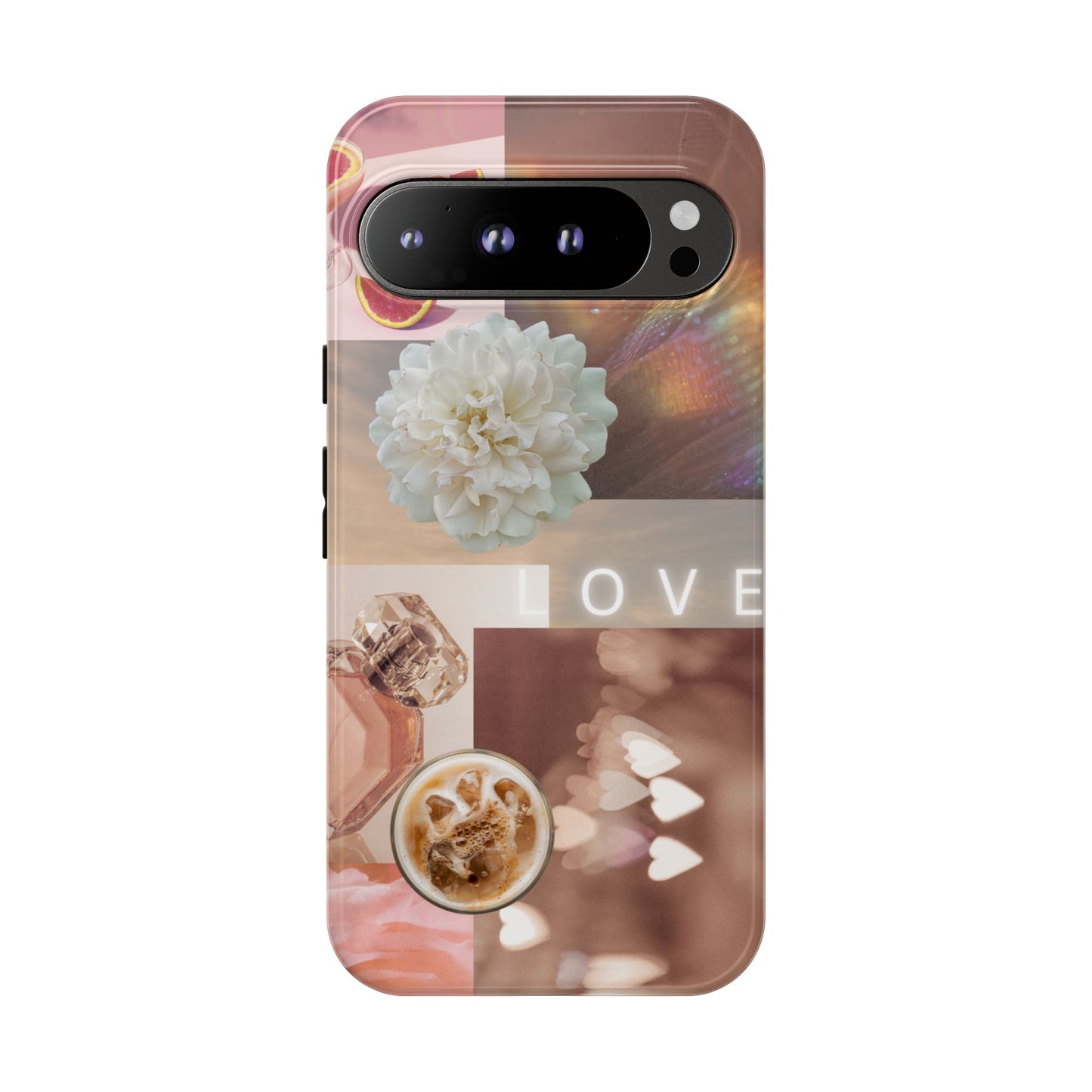 Romantic Collage Phone Case — 'LOVE' Floral, Coffee & Perfume Aesthetic