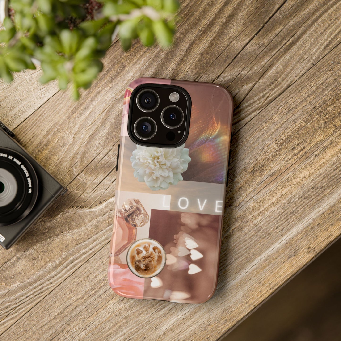 Romantic Collage Phone Case — 'LOVE' Floral, Coffee & Perfume Aesthetic