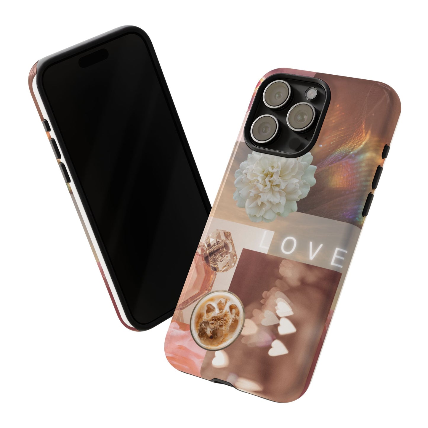 Romantic Collage Phone Case — 'LOVE' Floral, Coffee & Perfume Aesthetic