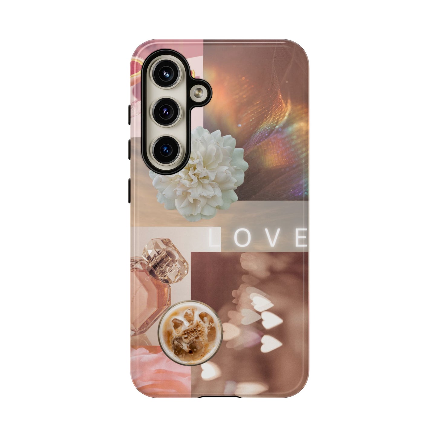 Romantic Collage Phone Case — 'LOVE' Floral, Coffee & Perfume Aesthetic