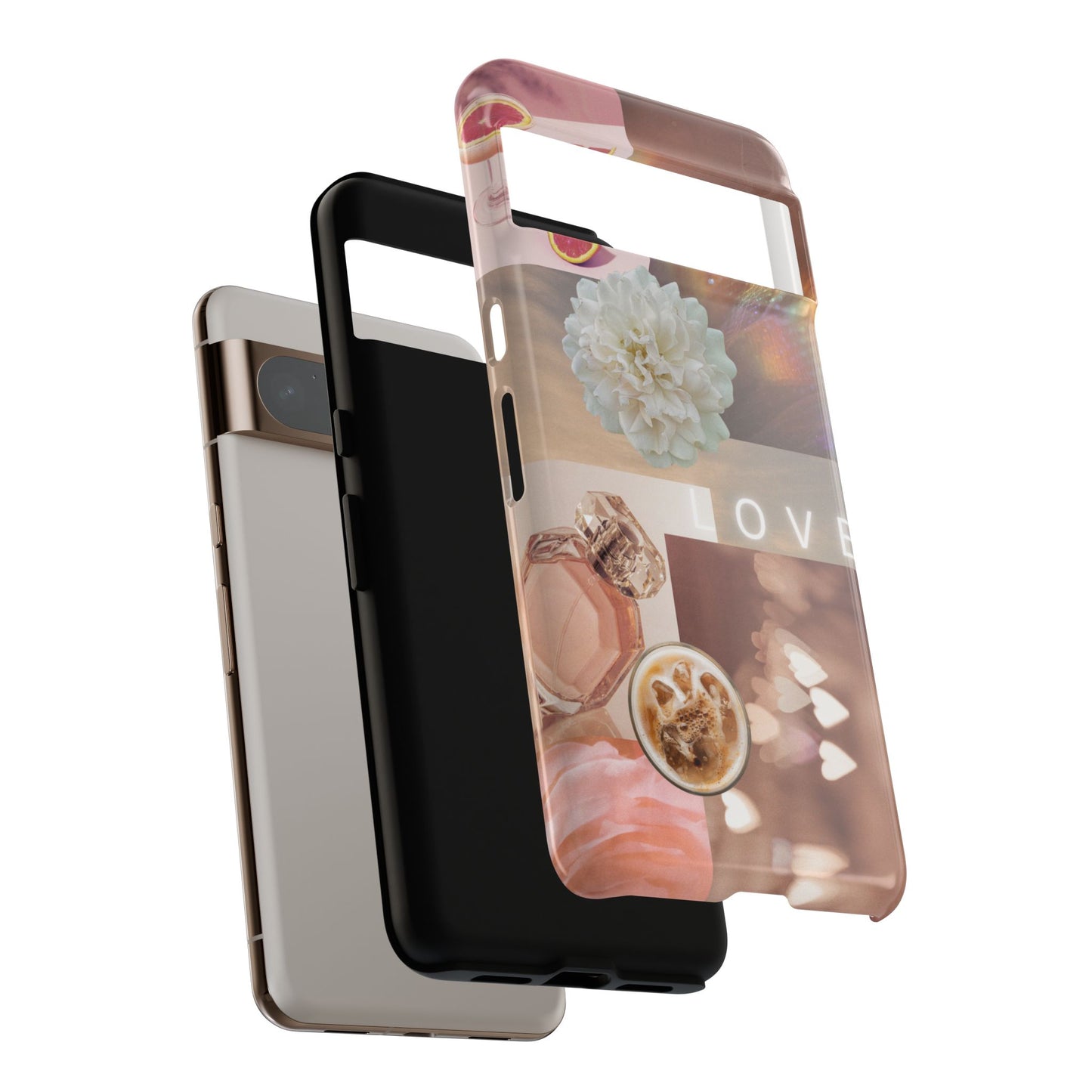 Romantic Collage Phone Case — 'LOVE' Floral, Coffee & Perfume Aesthetic