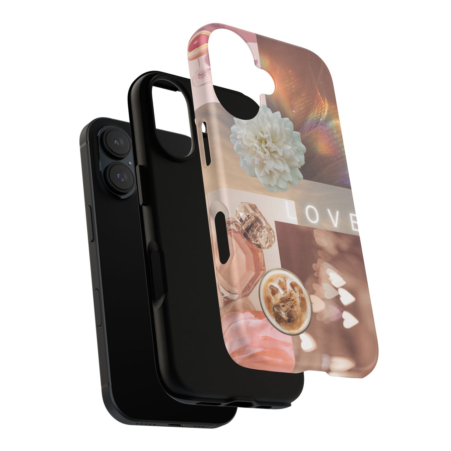 Romantic Collage Phone Case — 'LOVE' Floral, Coffee & Perfume Aesthetic
