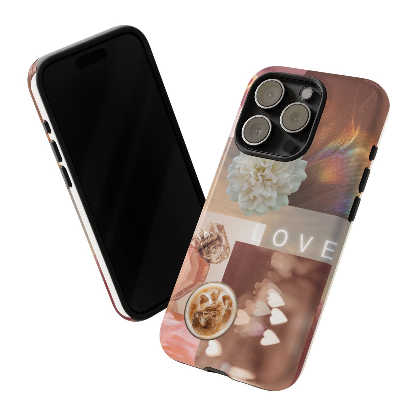 Romantic Collage Phone Case — 'LOVE' Floral, Coffee & Perfume Aesthetic