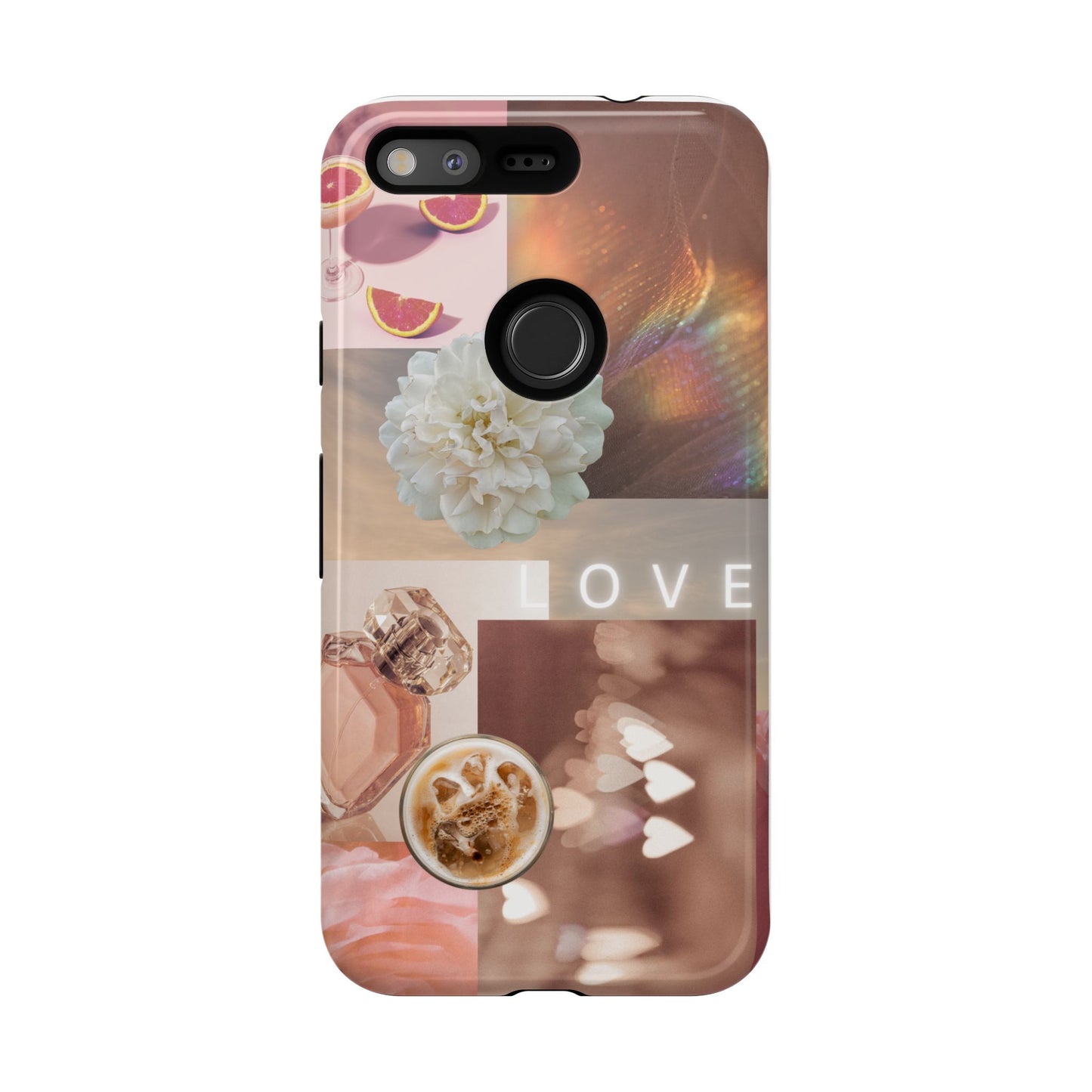 Romantic Collage Phone Case — 'LOVE' Floral, Coffee & Perfume Aesthetic