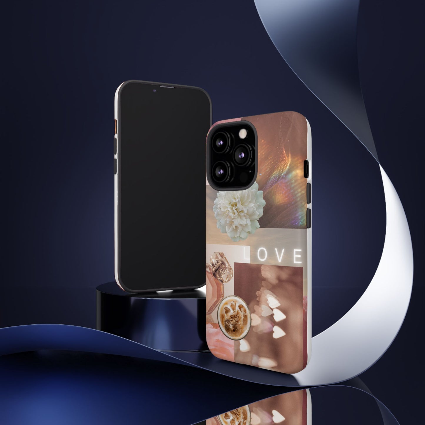 Romantic Collage Phone Case — 'LOVE' Floral, Coffee & Perfume Aesthetic