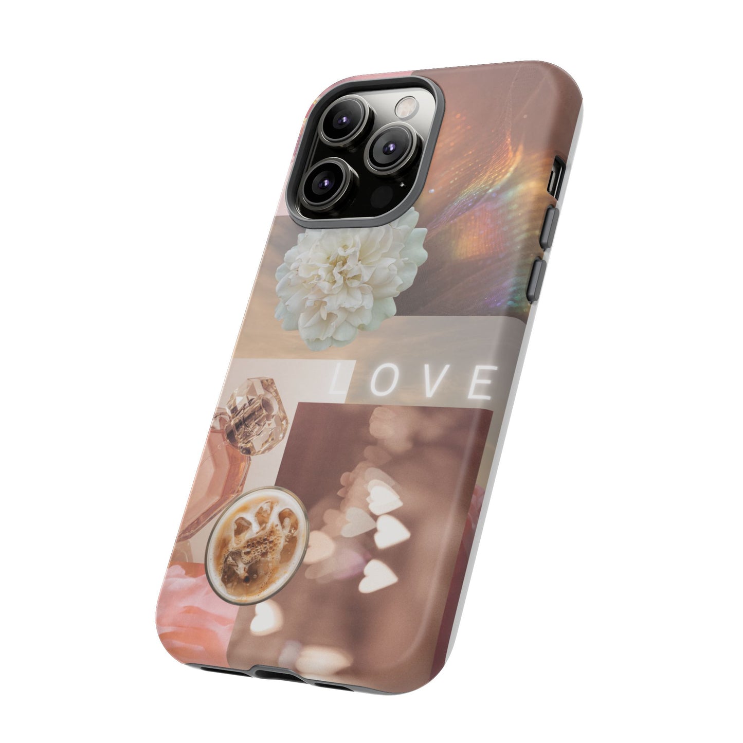 Romantic Collage Phone Case — 'LOVE' Floral, Coffee & Perfume Aesthetic