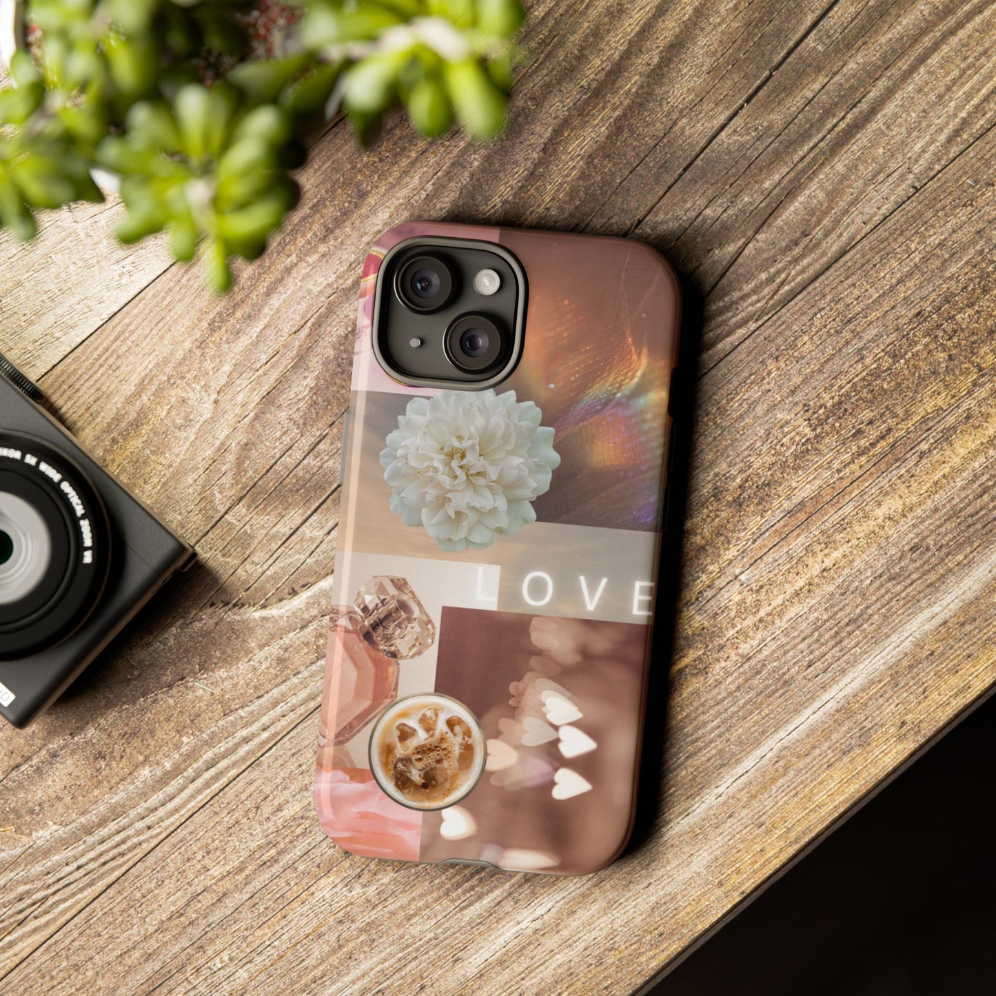 Romantic Collage Phone Case — 'LOVE' Floral, Coffee & Perfume Aesthetic