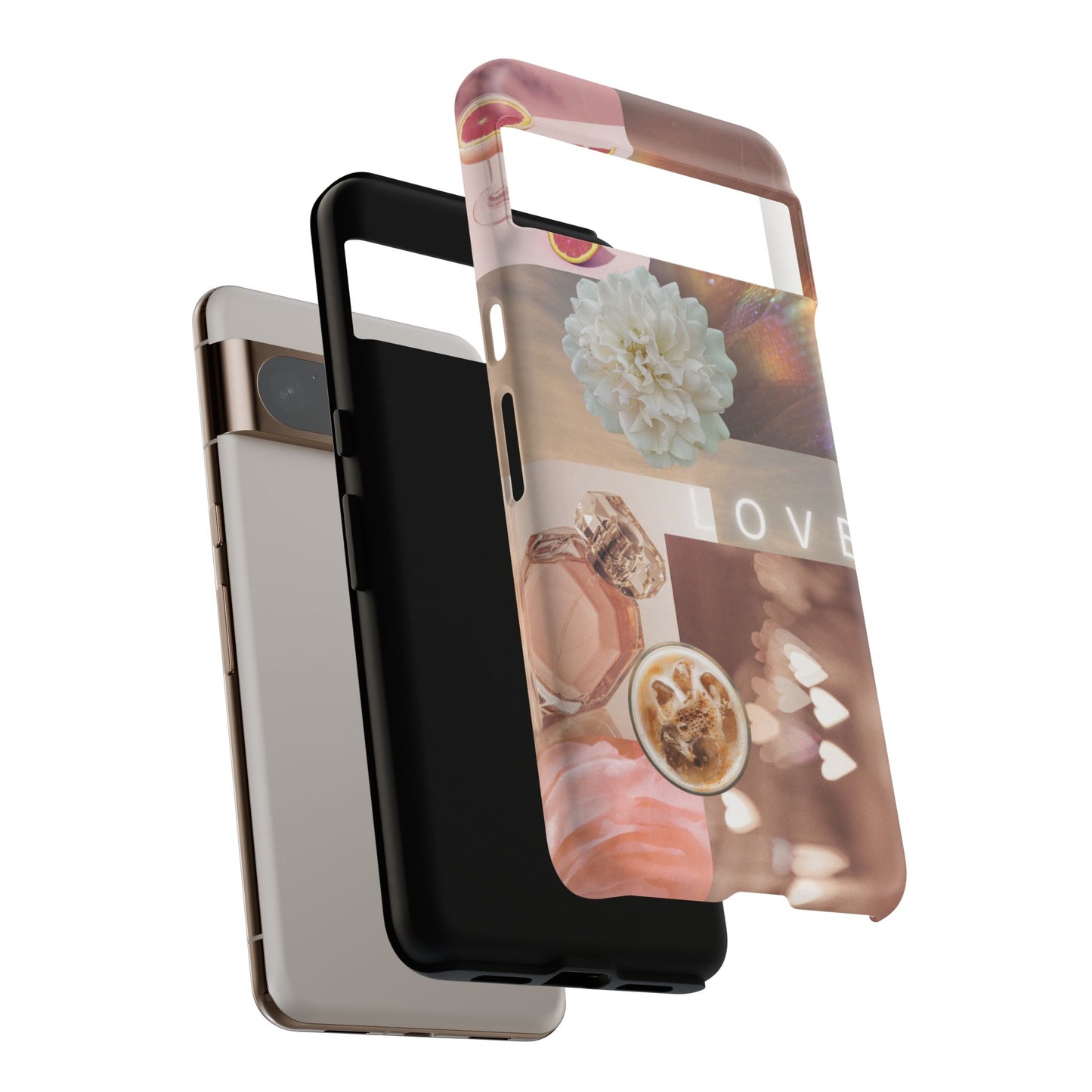 Romantic Collage Phone Case — 'LOVE' Floral, Coffee & Perfume Aesthetic