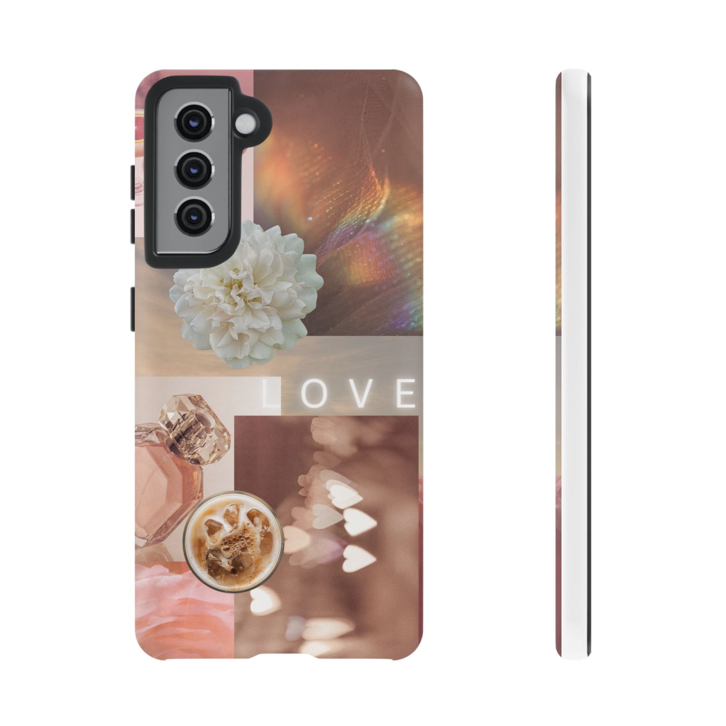 Romantic Collage Phone Case — 'LOVE' Floral, Coffee & Perfume Aesthetic