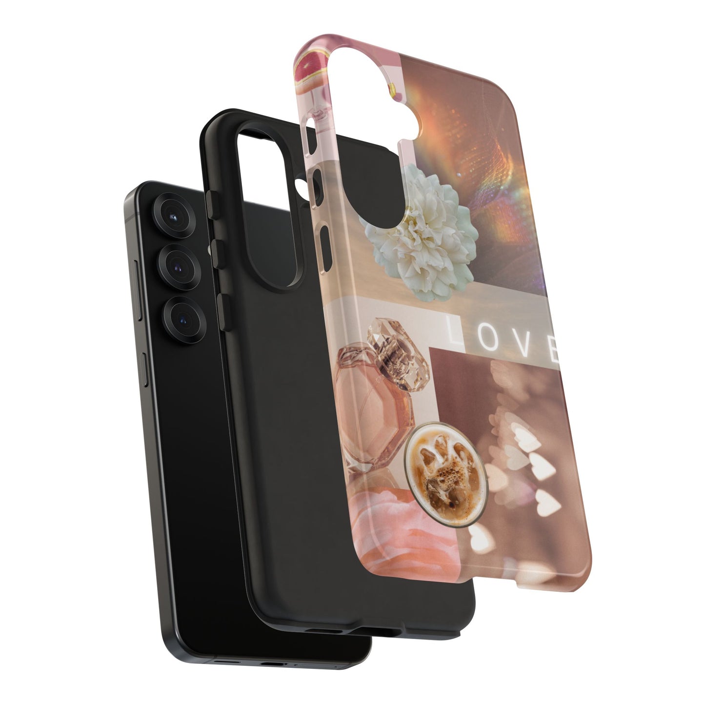 Romantic Collage Phone Case — 'LOVE' Floral, Coffee & Perfume Aesthetic