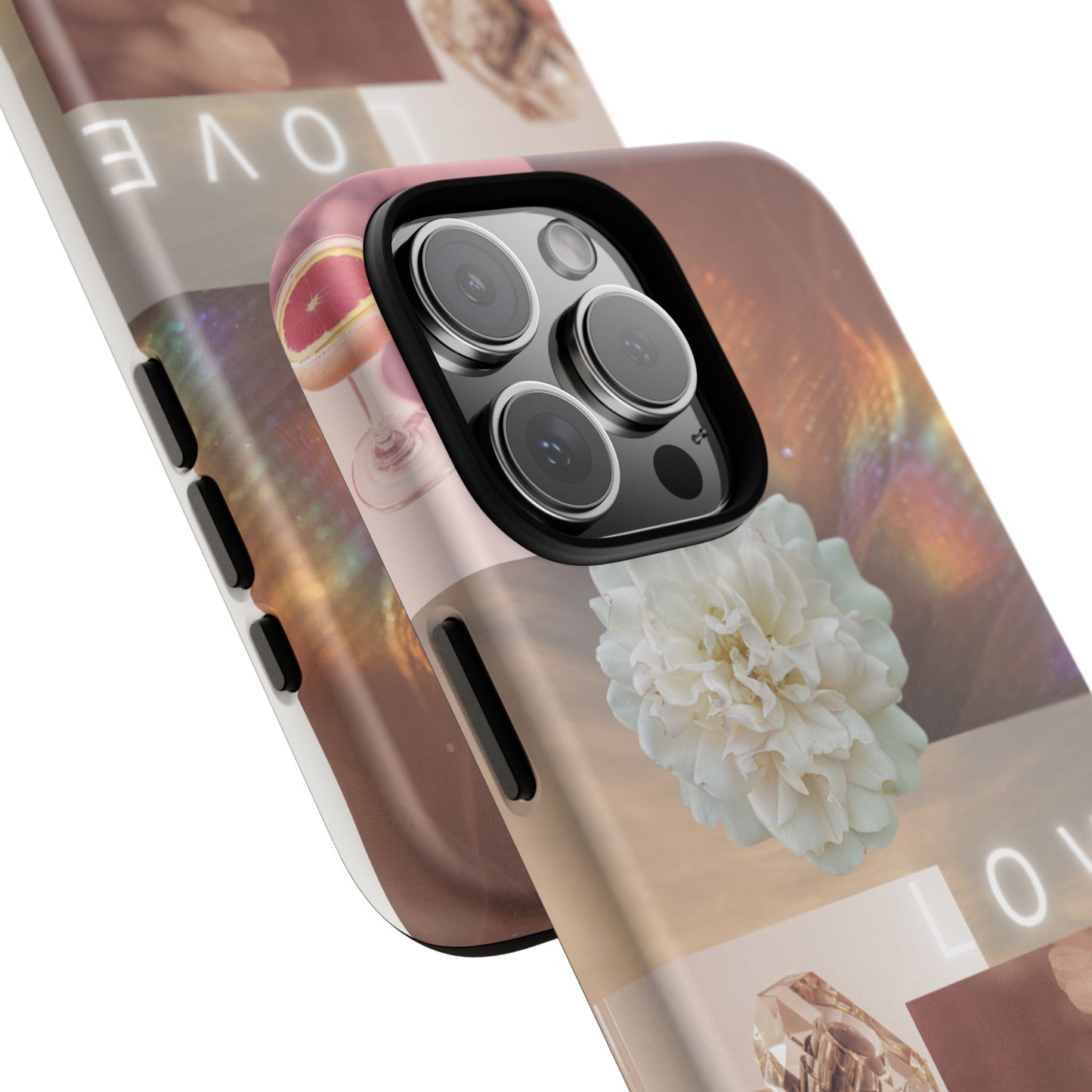 Romantic Collage Phone Case — 'LOVE' Floral, Coffee & Perfume Aesthetic