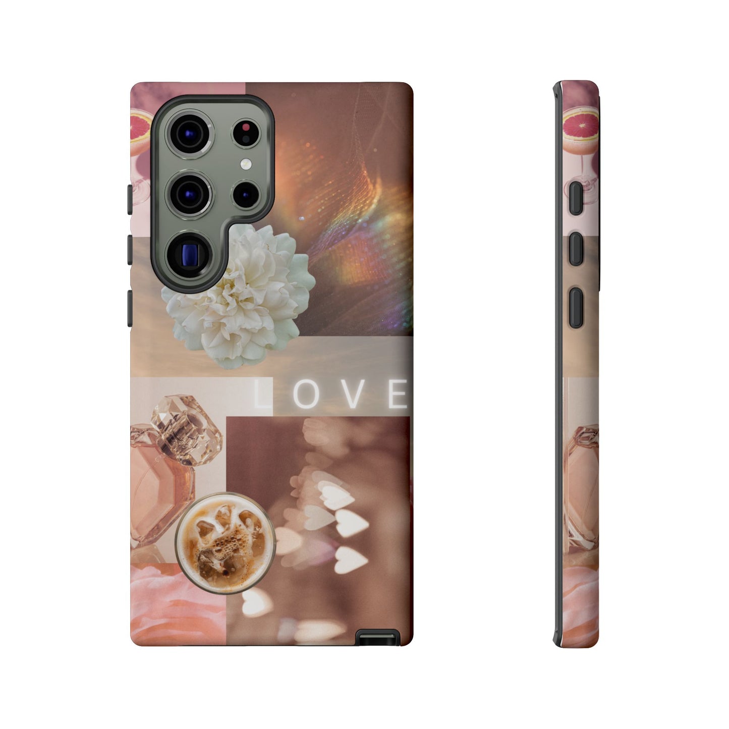 Romantic Collage Phone Case — 'LOVE' Floral, Coffee & Perfume Aesthetic