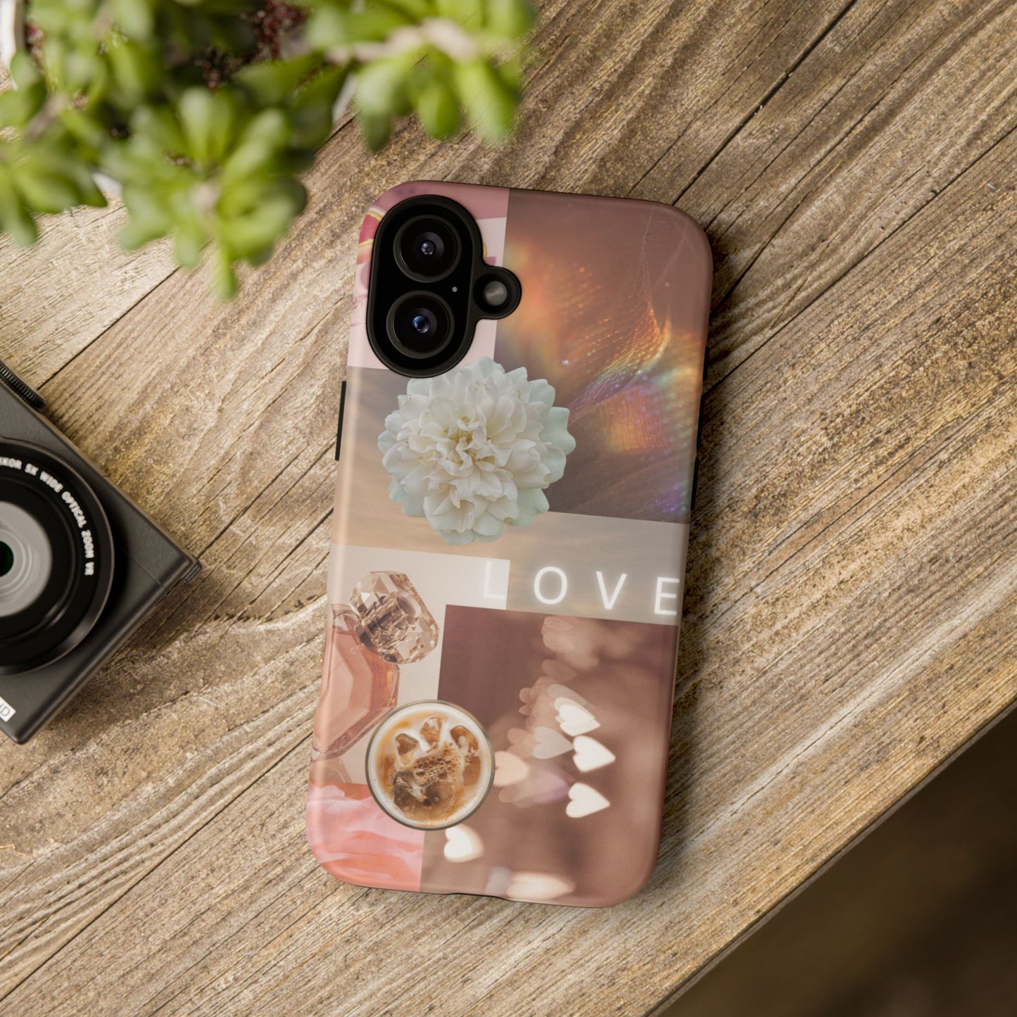 Romantic Collage Phone Case — 'LOVE' Floral, Coffee & Perfume Aesthetic