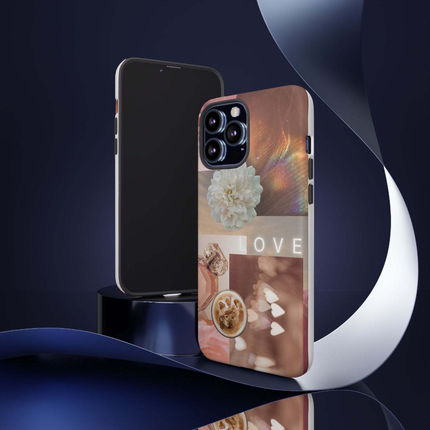 Romantic Collage Phone Case — 'LOVE' Floral, Coffee & Perfume Aesthetic