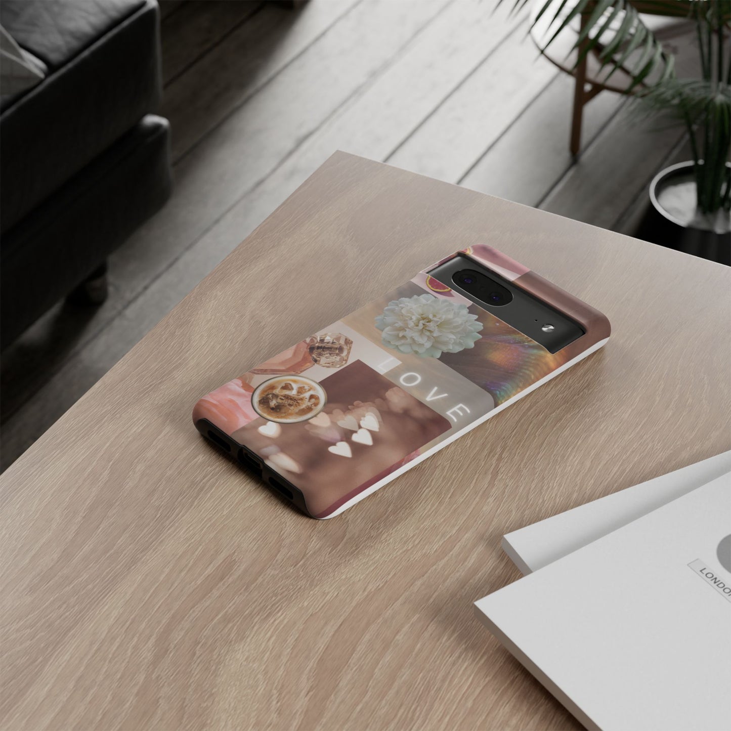 Romantic Collage Phone Case — 'LOVE' Floral, Coffee & Perfume Aesthetic