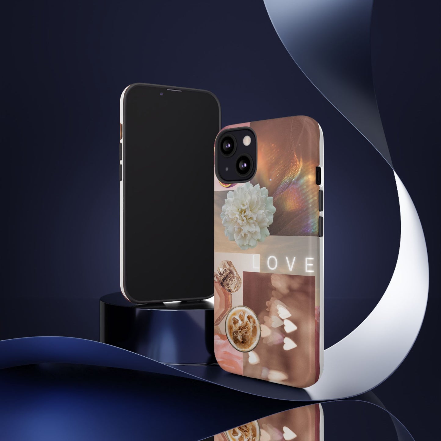 Romantic Collage Phone Case — 'LOVE' Floral, Coffee & Perfume Aesthetic