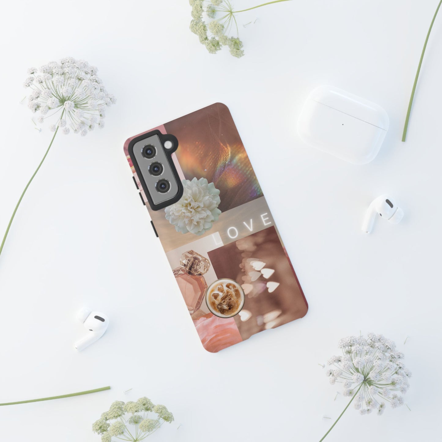 Romantic Collage Phone Case — 'LOVE' Floral, Coffee & Perfume Aesthetic