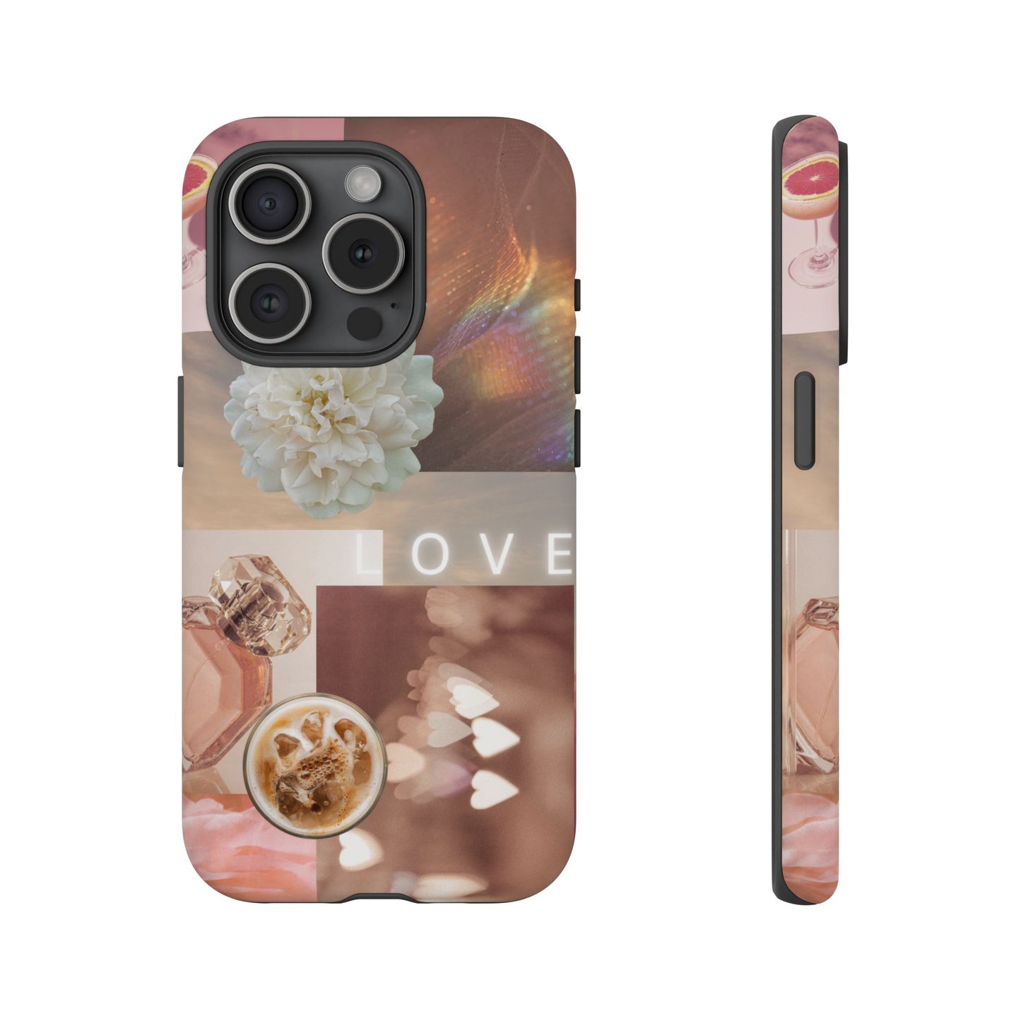 Romantic Collage Phone Case — 'LOVE' Floral, Coffee & Perfume Aesthetic