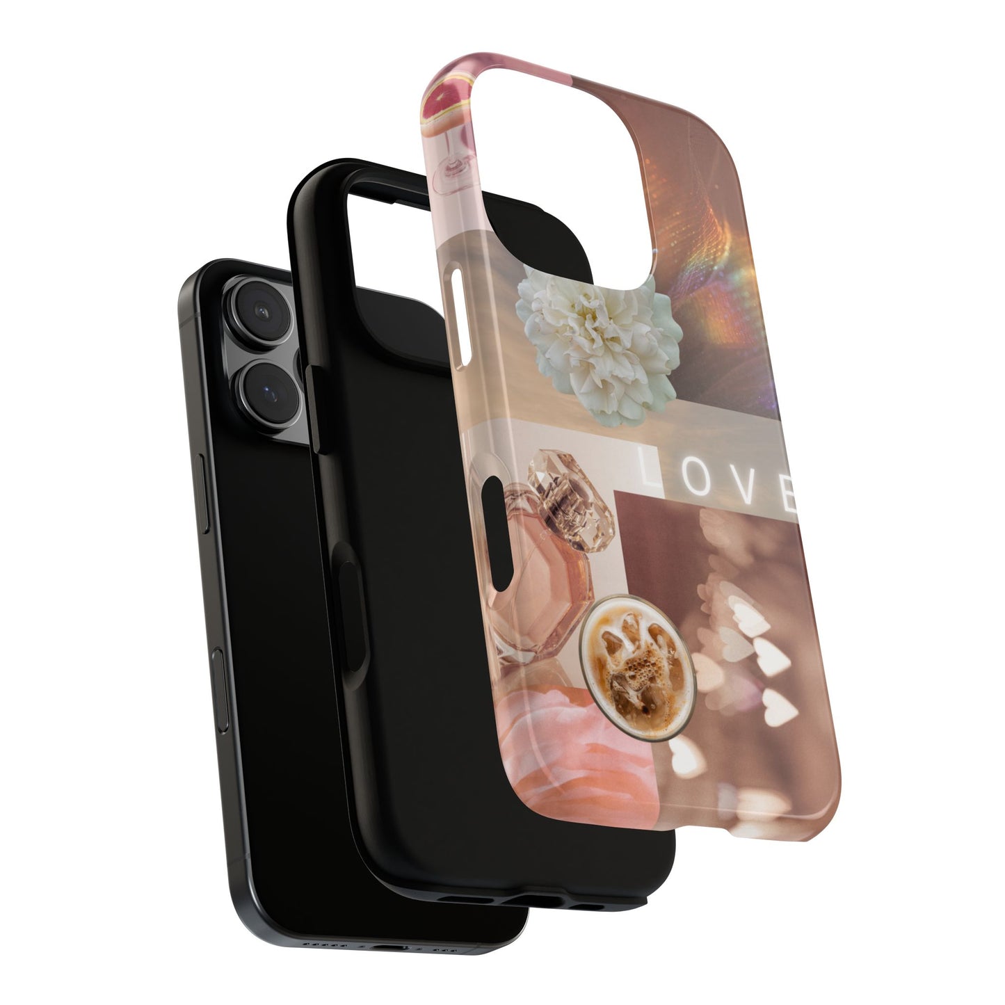 Romantic Collage Phone Case — 'LOVE' Floral, Coffee & Perfume Aesthetic
