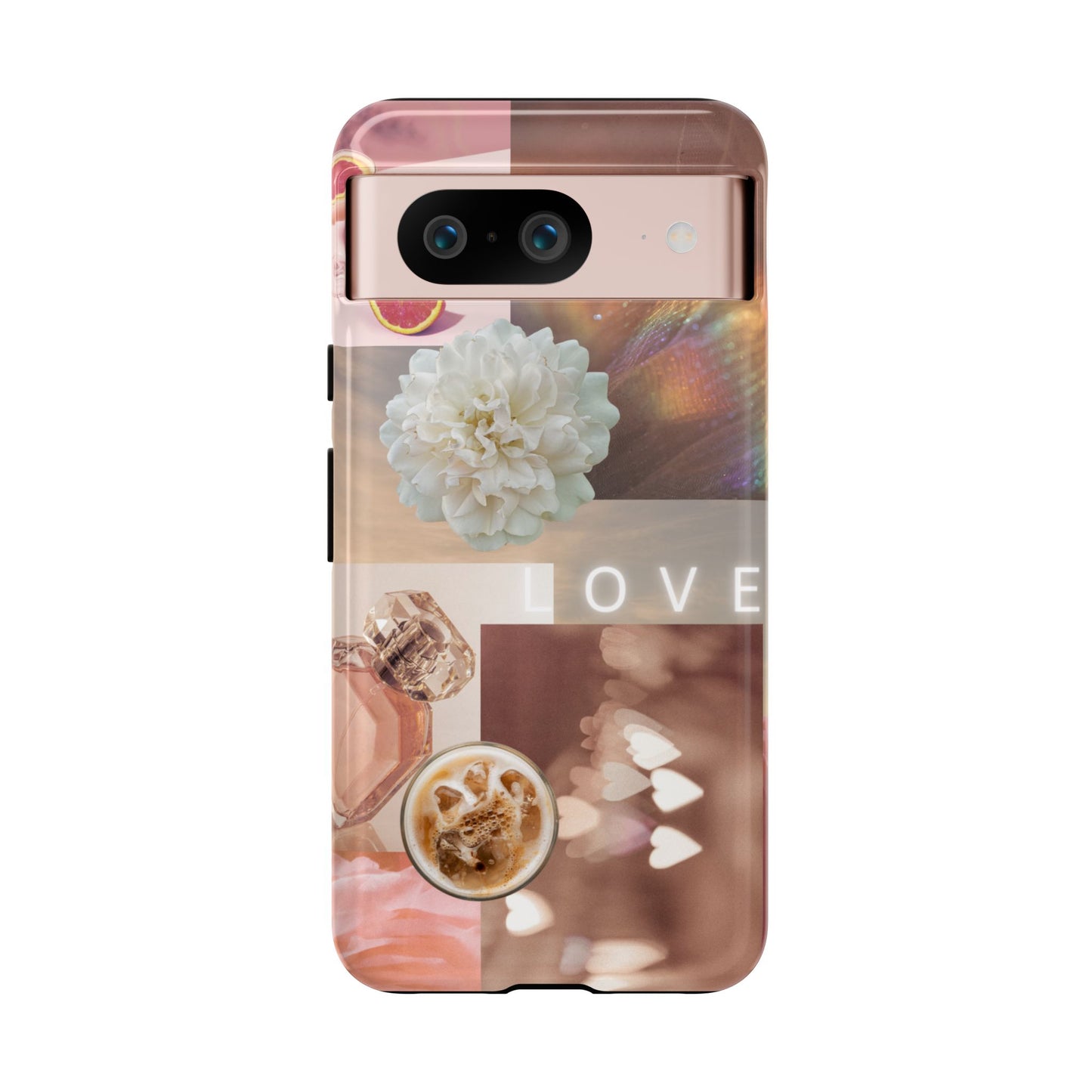 Romantic Collage Phone Case — 'LOVE' Floral, Coffee & Perfume Aesthetic