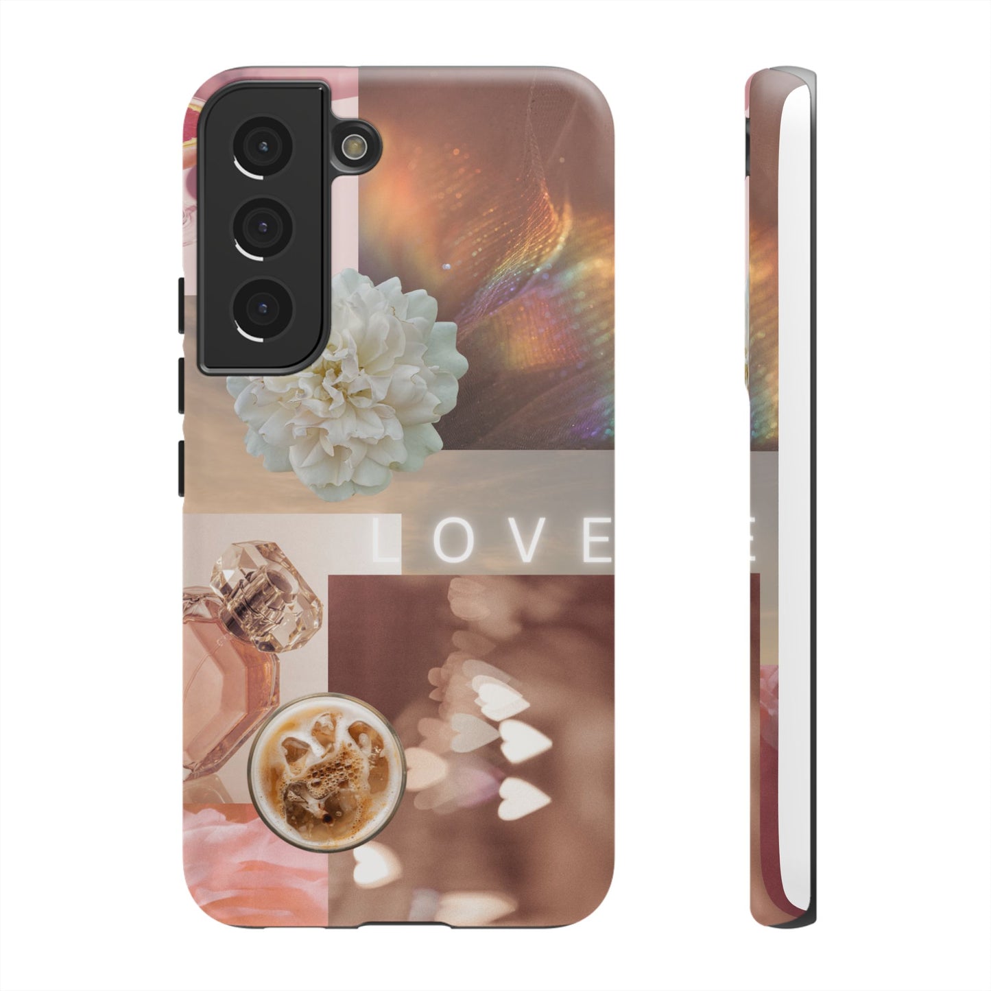 Romantic Collage Phone Case — 'LOVE' Floral, Coffee & Perfume Aesthetic