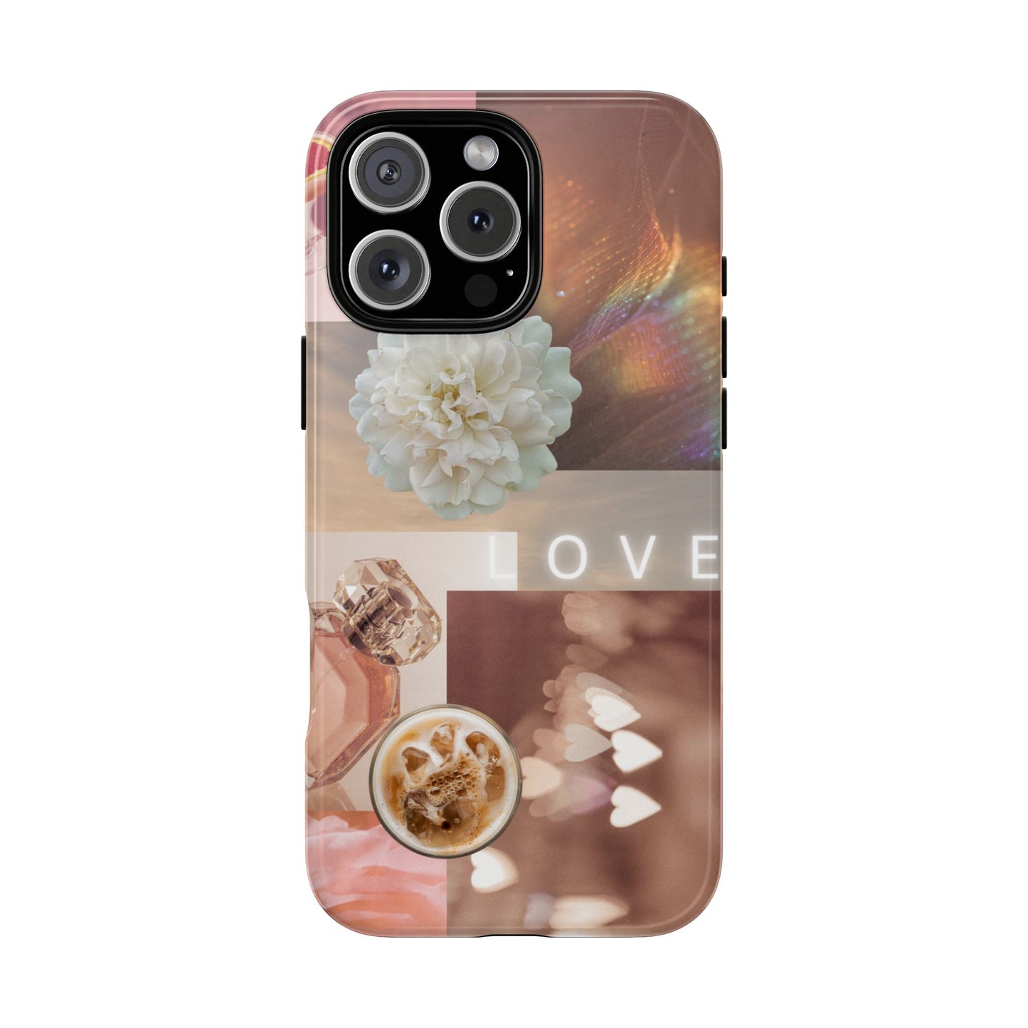 Romantic Collage Phone Case — 'LOVE' Floral, Coffee & Perfume Aesthetic