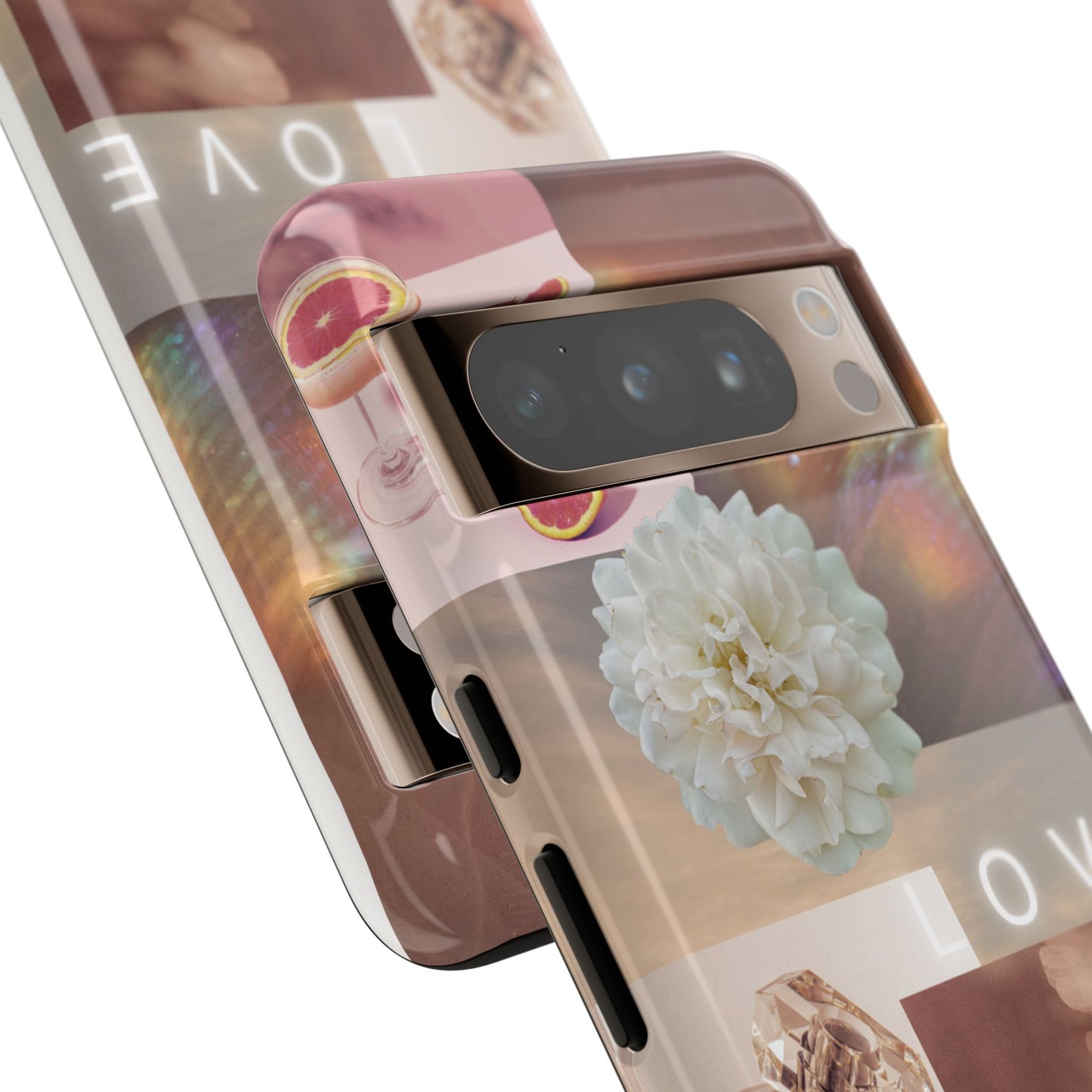 Romantic Collage Phone Case — 'LOVE' Floral, Coffee & Perfume Aesthetic