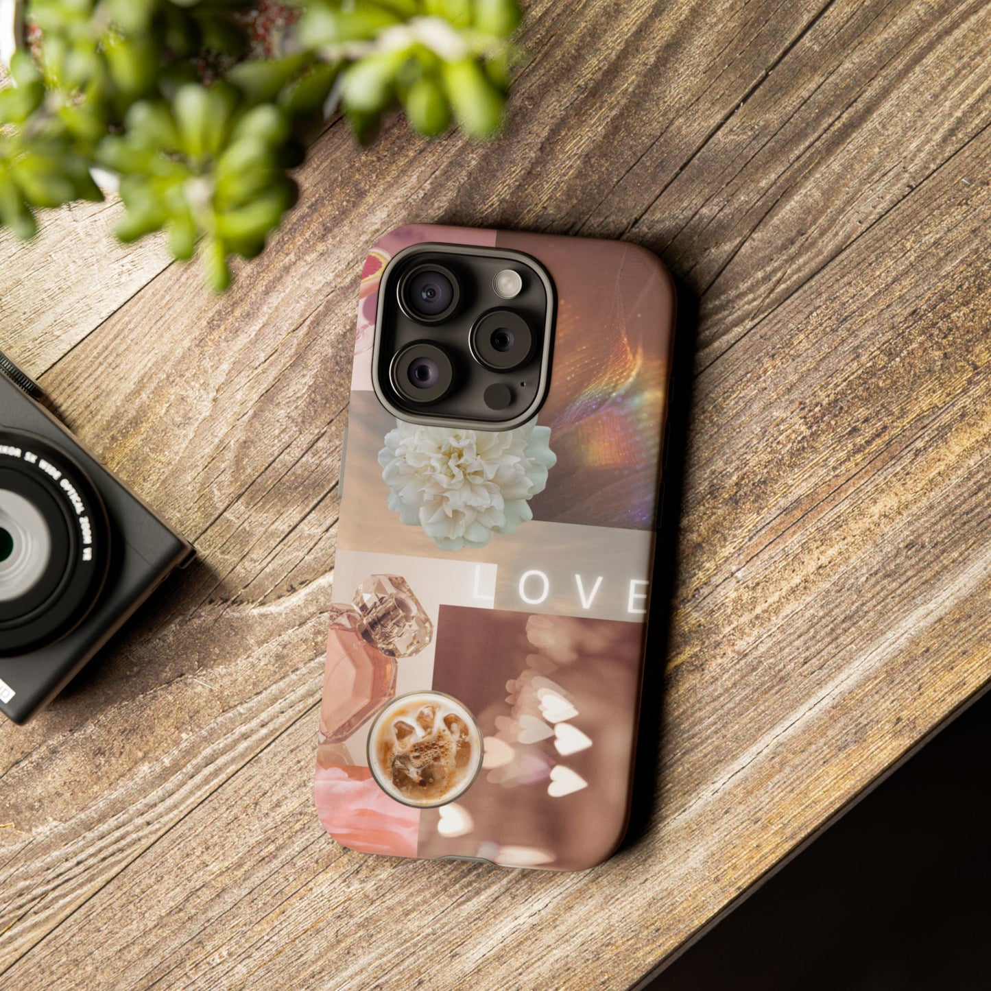 Romantic Collage Phone Case — 'LOVE' Floral, Coffee & Perfume Aesthetic