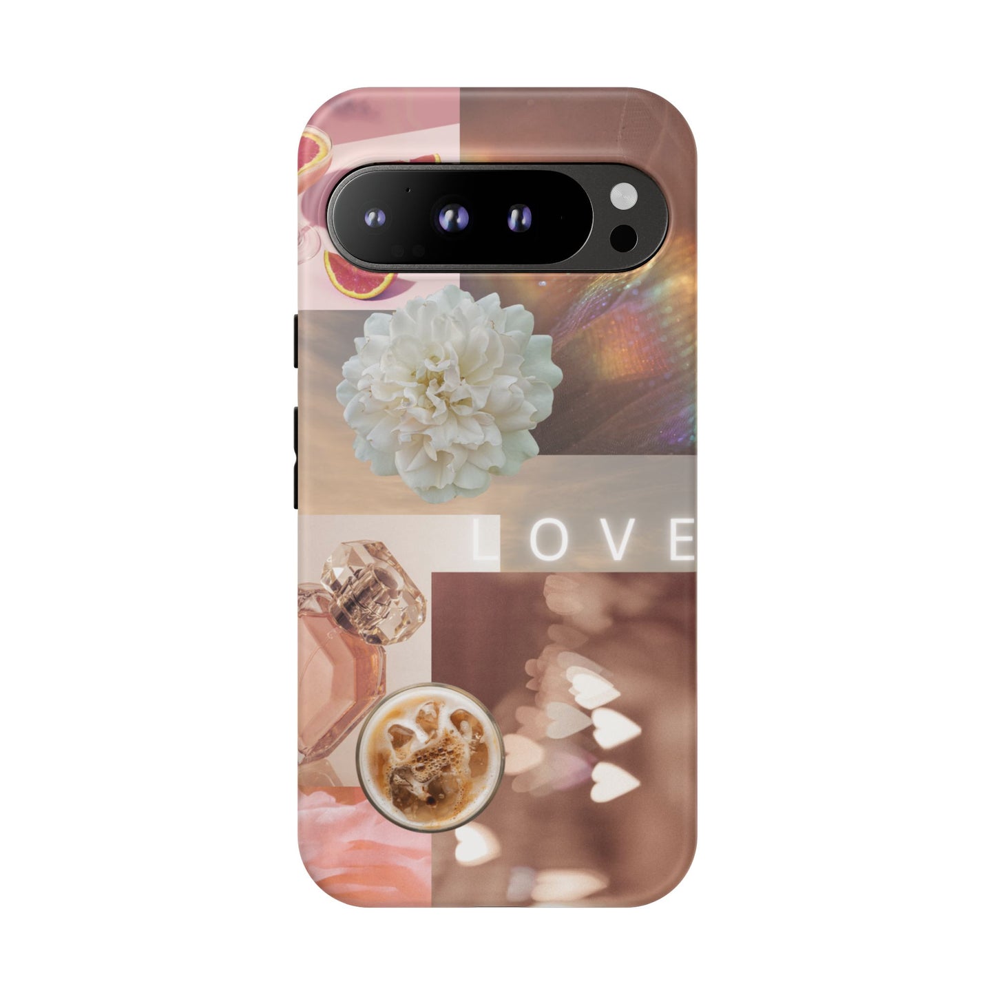 Romantic Collage Phone Case — 'LOVE' Floral, Coffee & Perfume Aesthetic