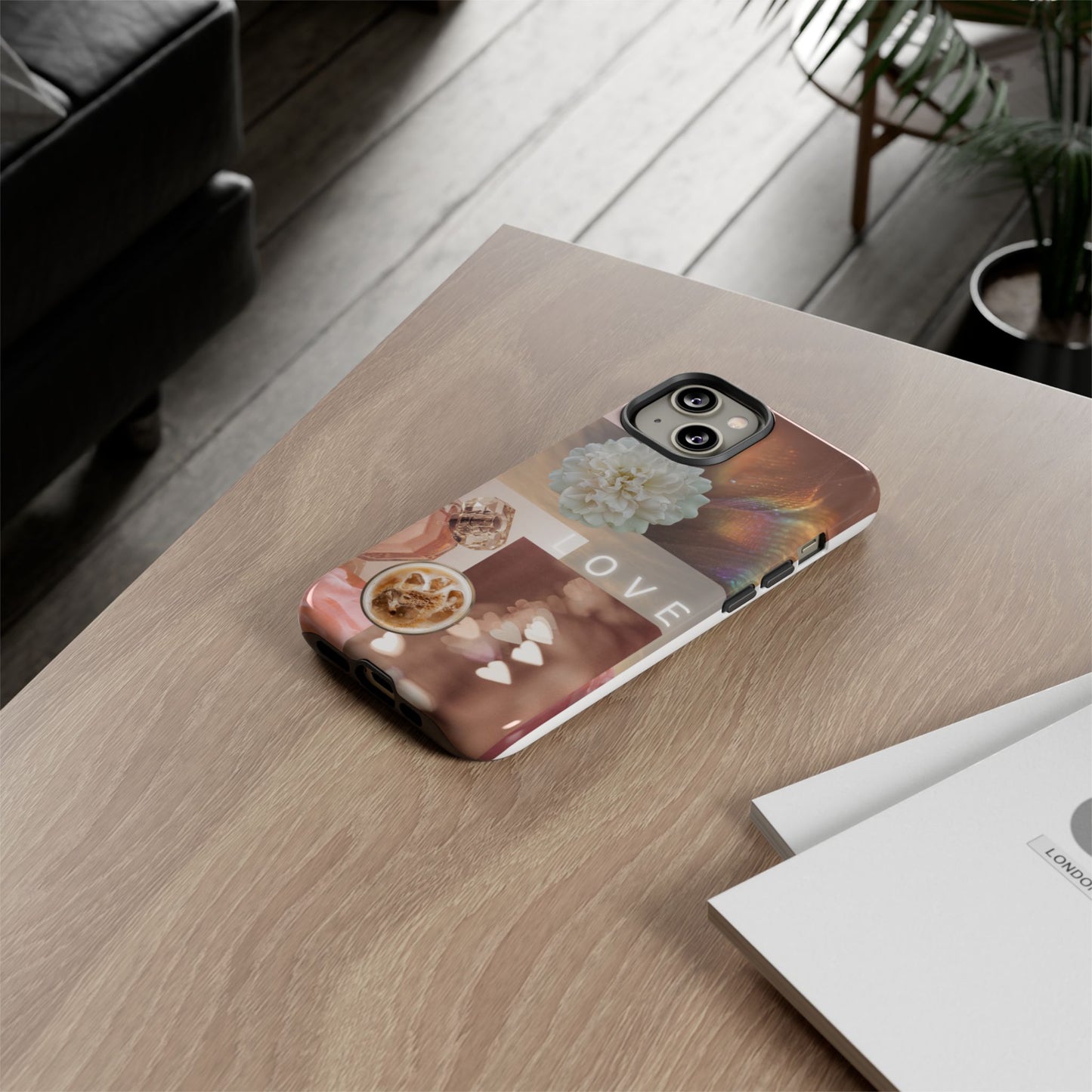 Romantic Collage Phone Case — 'LOVE' Floral, Coffee & Perfume Aesthetic