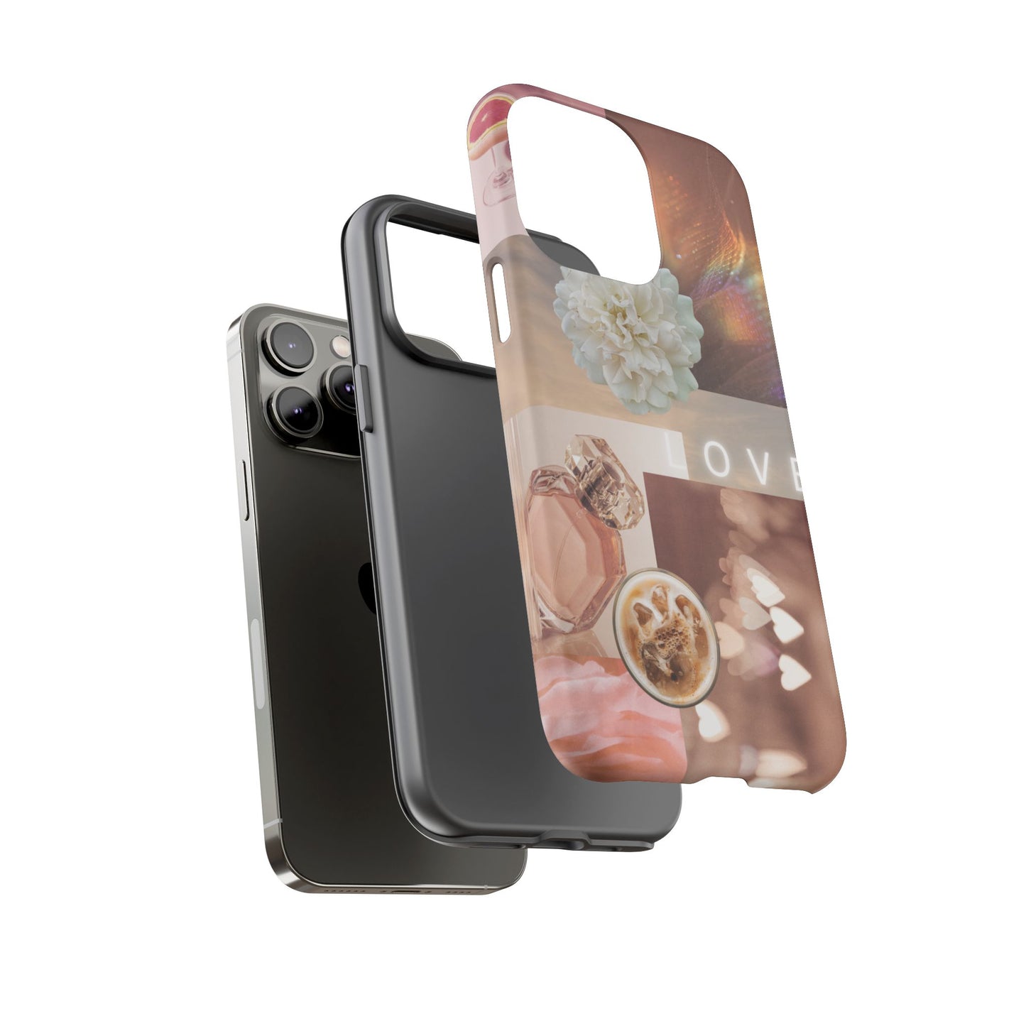 Romantic Collage Phone Case — 'LOVE' Floral, Coffee & Perfume Aesthetic