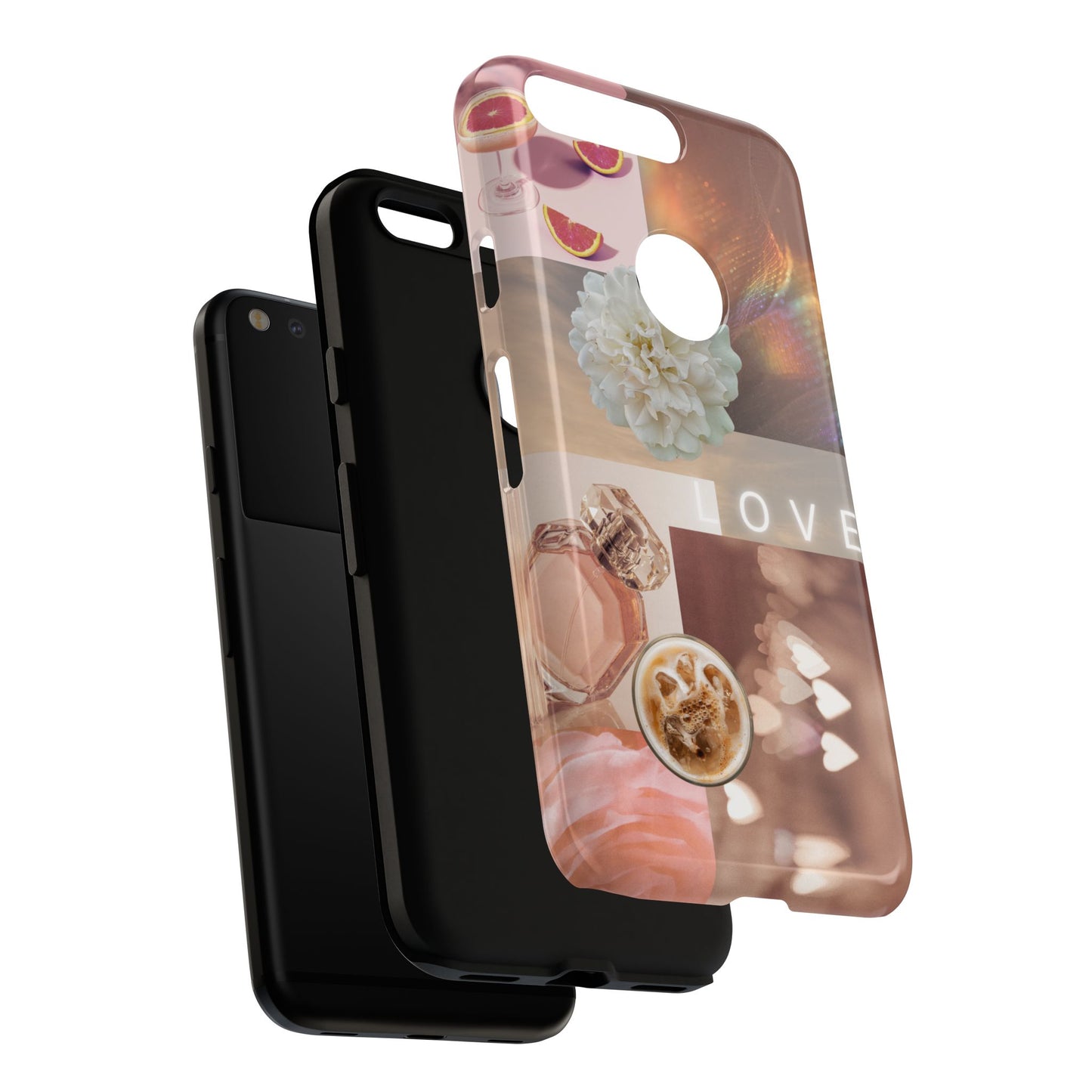Romantic Collage Phone Case — 'LOVE' Floral, Coffee & Perfume Aesthetic
