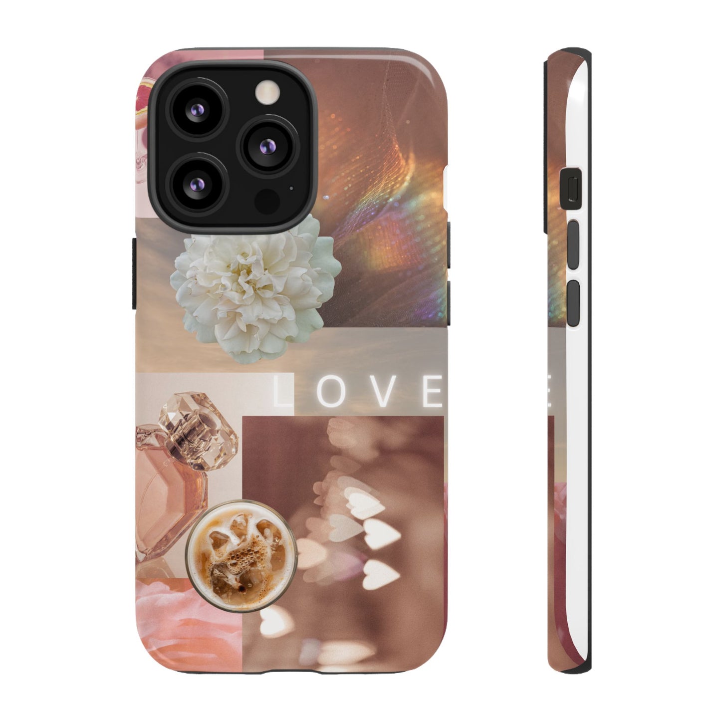 Romantic Collage Phone Case — 'LOVE' Floral, Coffee & Perfume Aesthetic