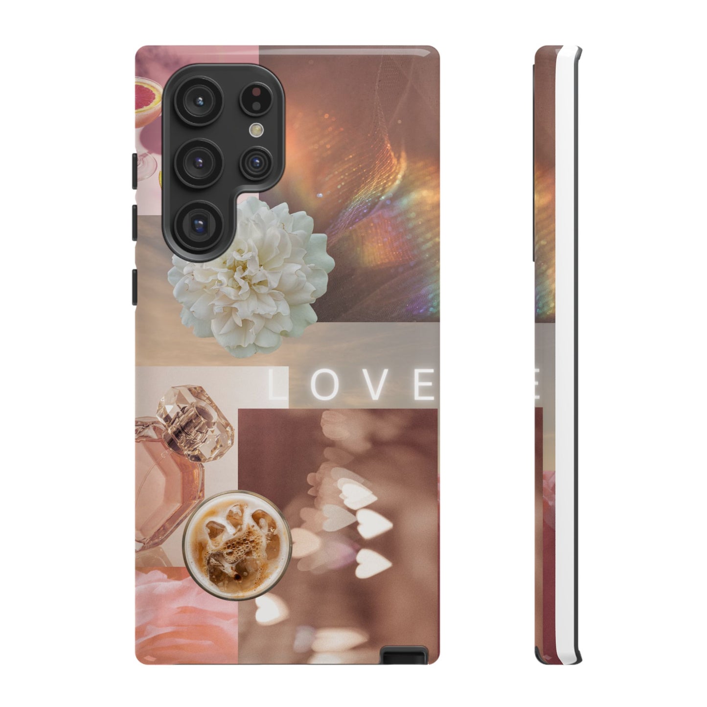 Romantic Collage Phone Case — 'LOVE' Floral, Coffee & Perfume Aesthetic