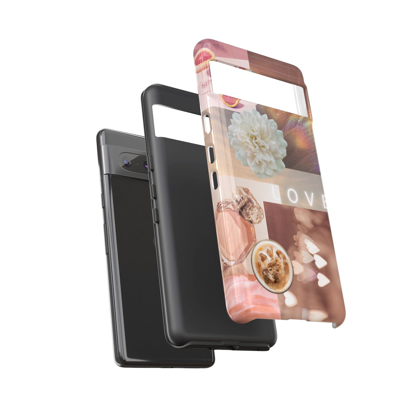 Romantic Collage Phone Case — 'LOVE' Floral, Coffee & Perfume Aesthetic