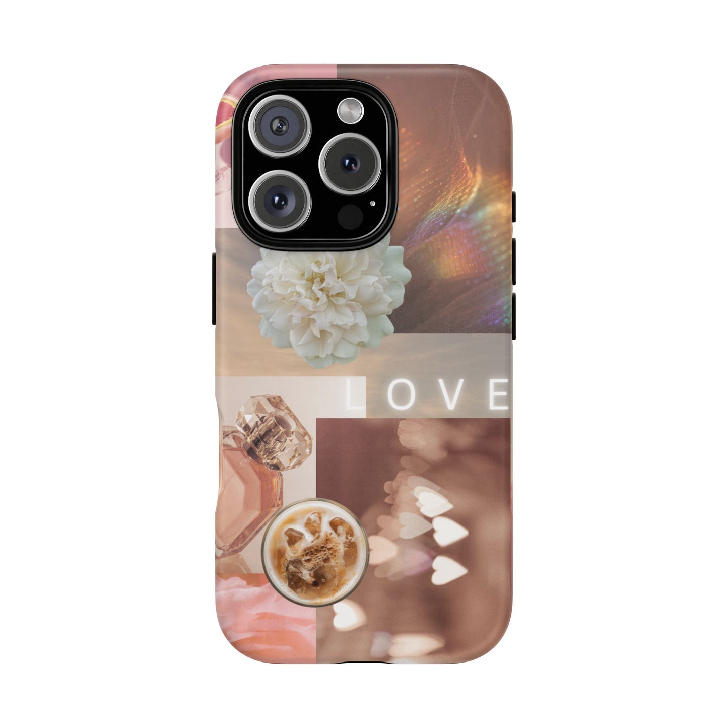 Romantic Collage Phone Case — 'LOVE' Floral, Coffee & Perfume Aesthetic
