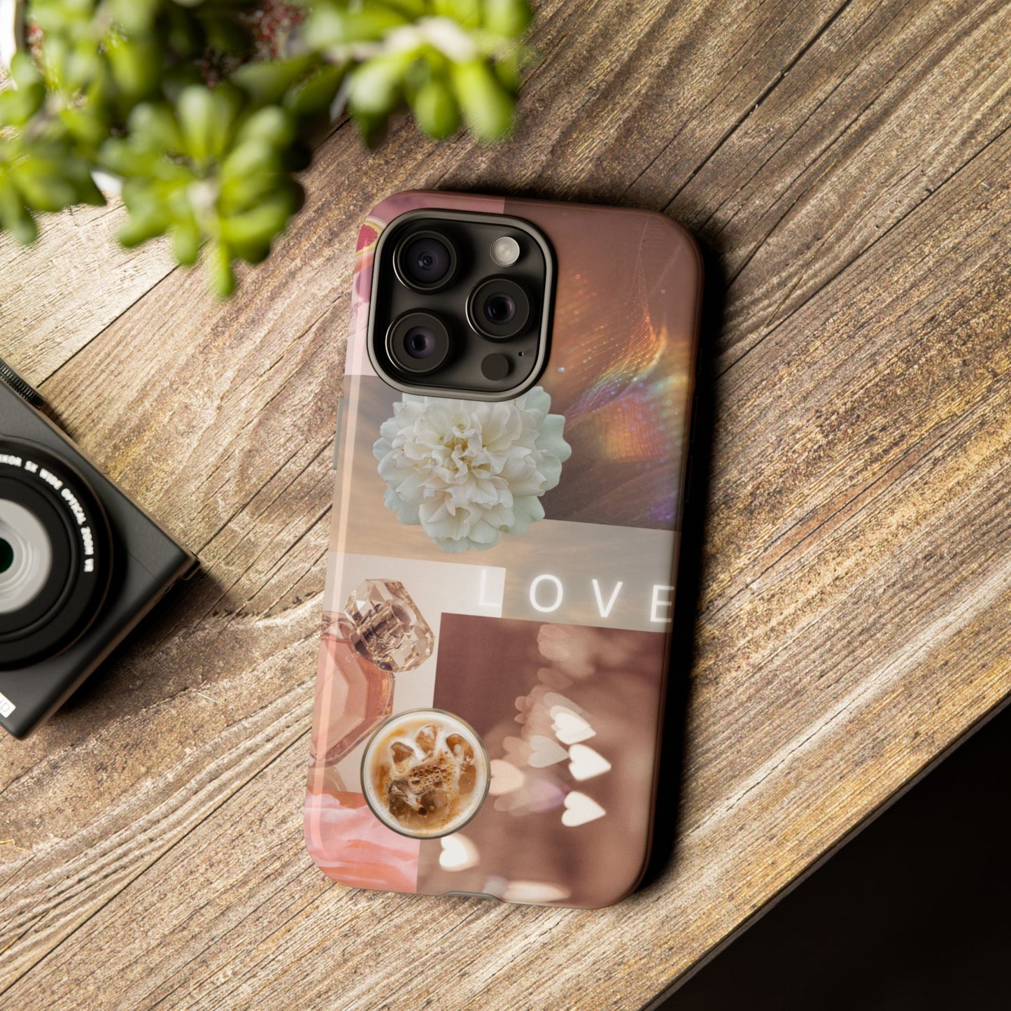 Romantic Collage Phone Case — 'LOVE' Floral, Coffee & Perfume Aesthetic