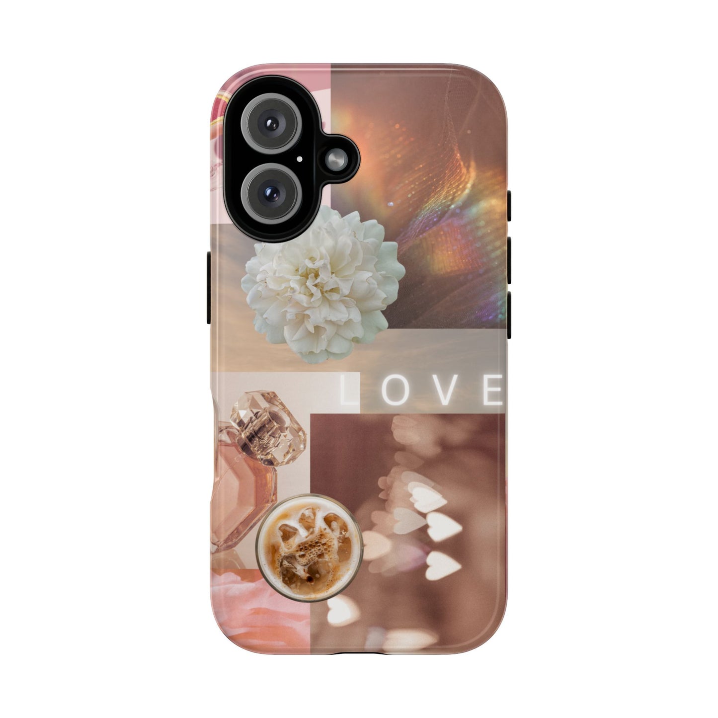 Romantic Collage Phone Case — 'LOVE' Floral, Coffee & Perfume Aesthetic