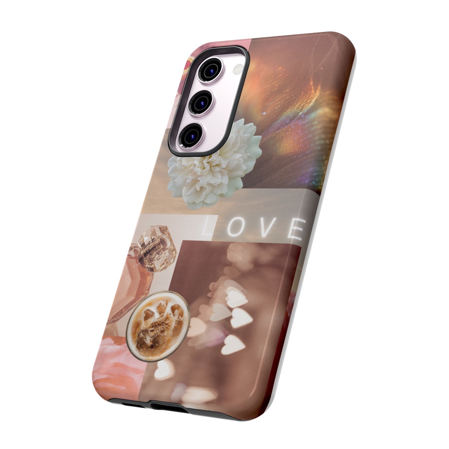 Romantic Collage Phone Case — 'LOVE' Floral, Coffee & Perfume Aesthetic