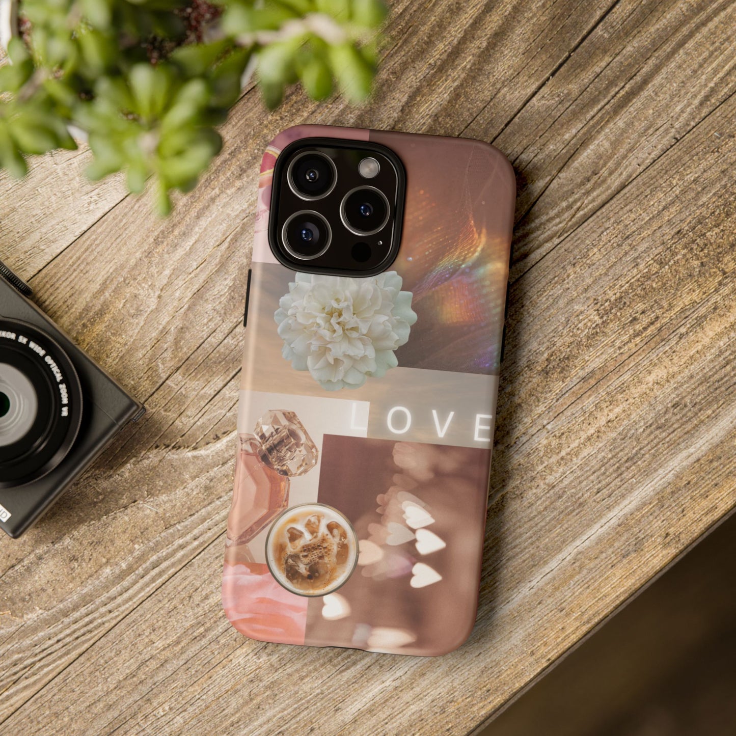 Romantic Collage Phone Case — 'LOVE' Floral, Coffee & Perfume Aesthetic