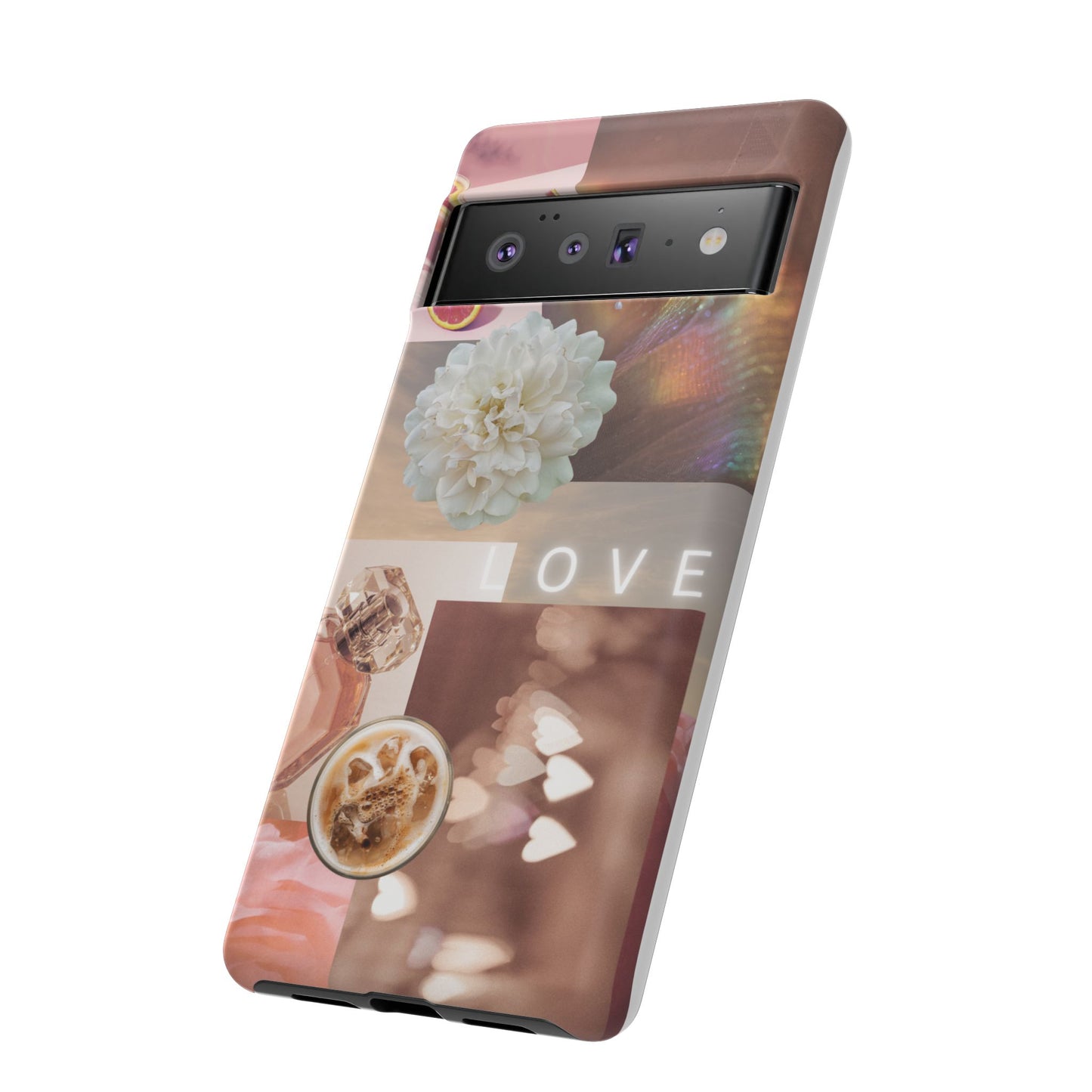 Romantic Collage Phone Case — 'LOVE' Floral, Coffee & Perfume Aesthetic