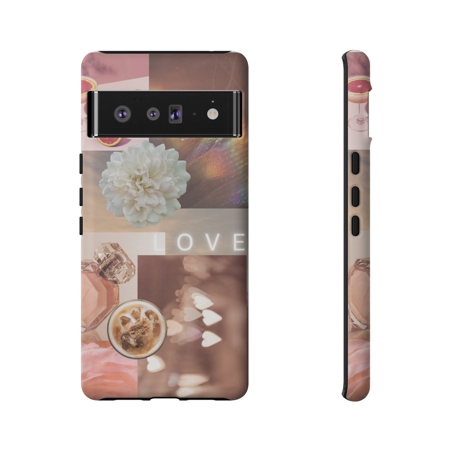 Romantic Collage Phone Case — 'LOVE' Floral, Coffee & Perfume Aesthetic