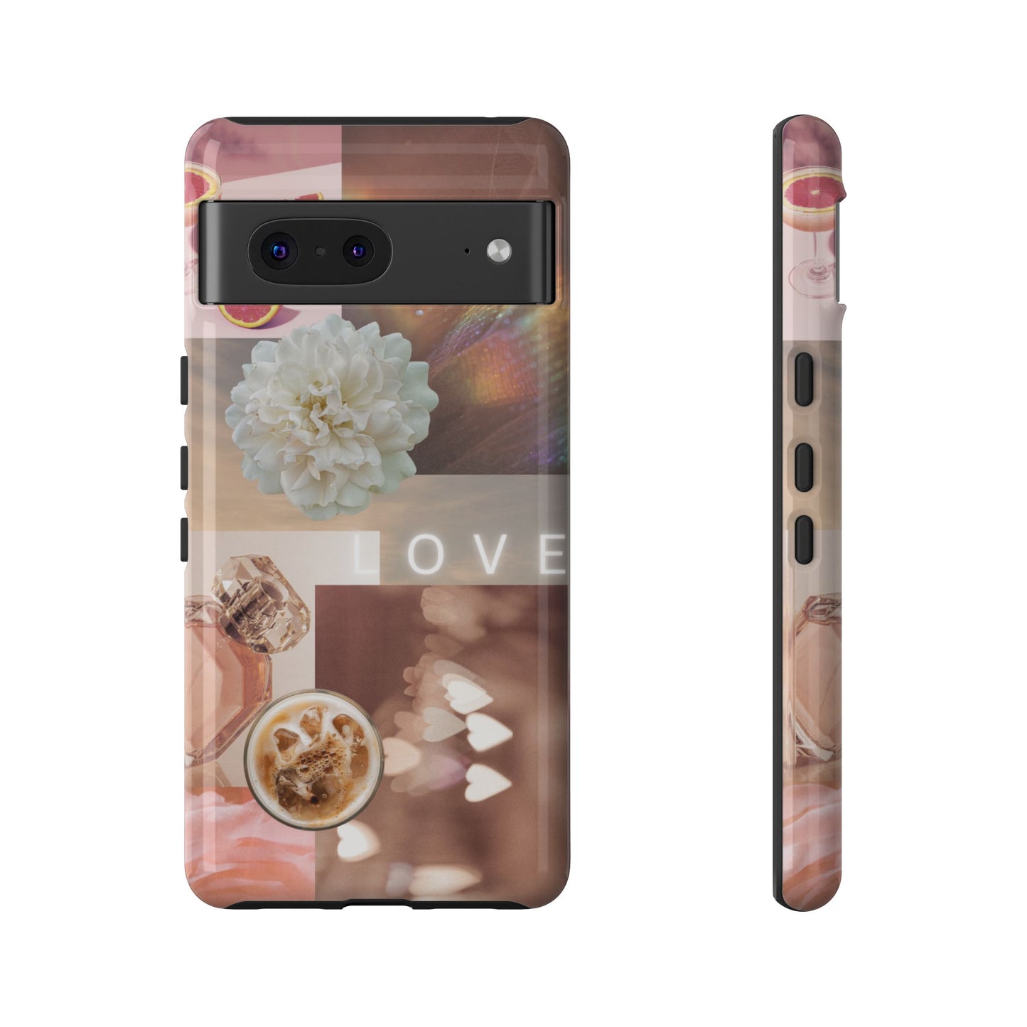 Romantic Collage Phone Case — 'LOVE' Floral, Coffee & Perfume Aesthetic