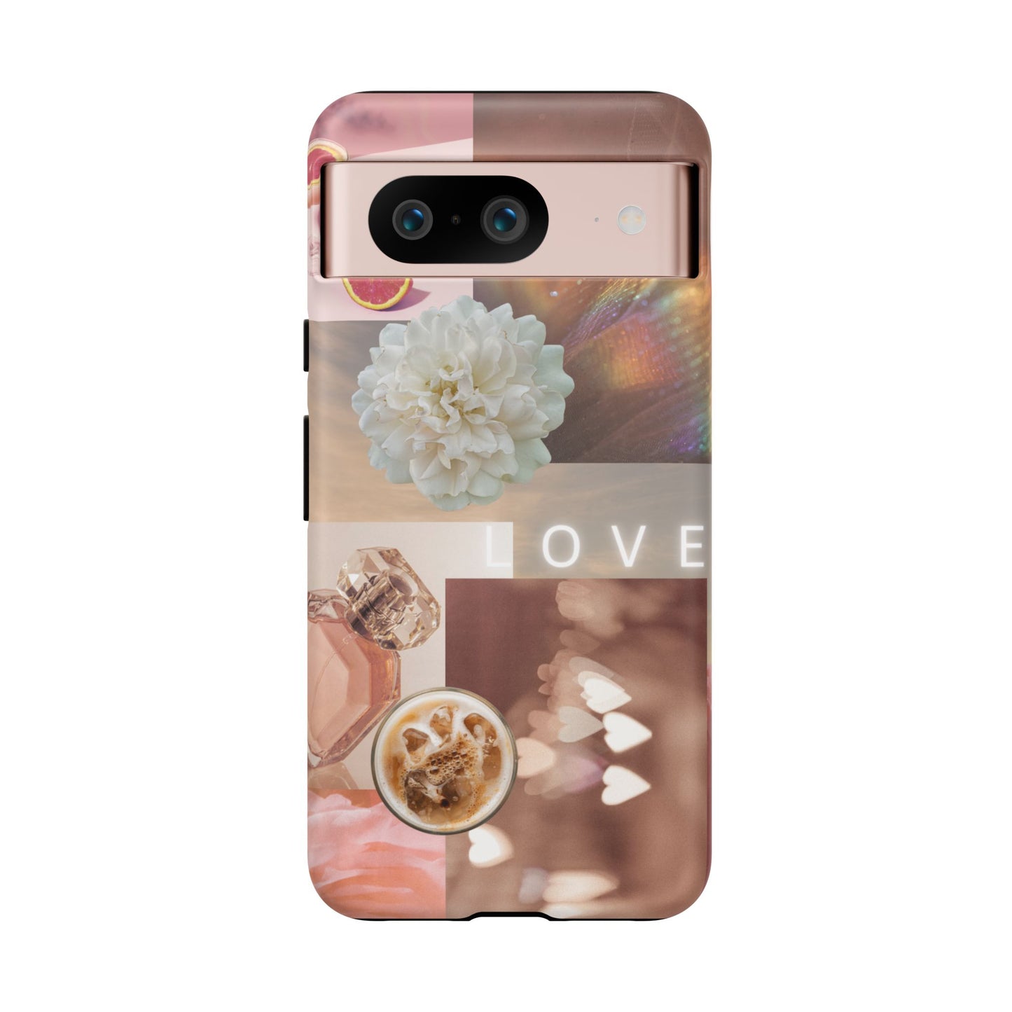 Romantic Collage Phone Case — 'LOVE' Floral, Coffee & Perfume Aesthetic